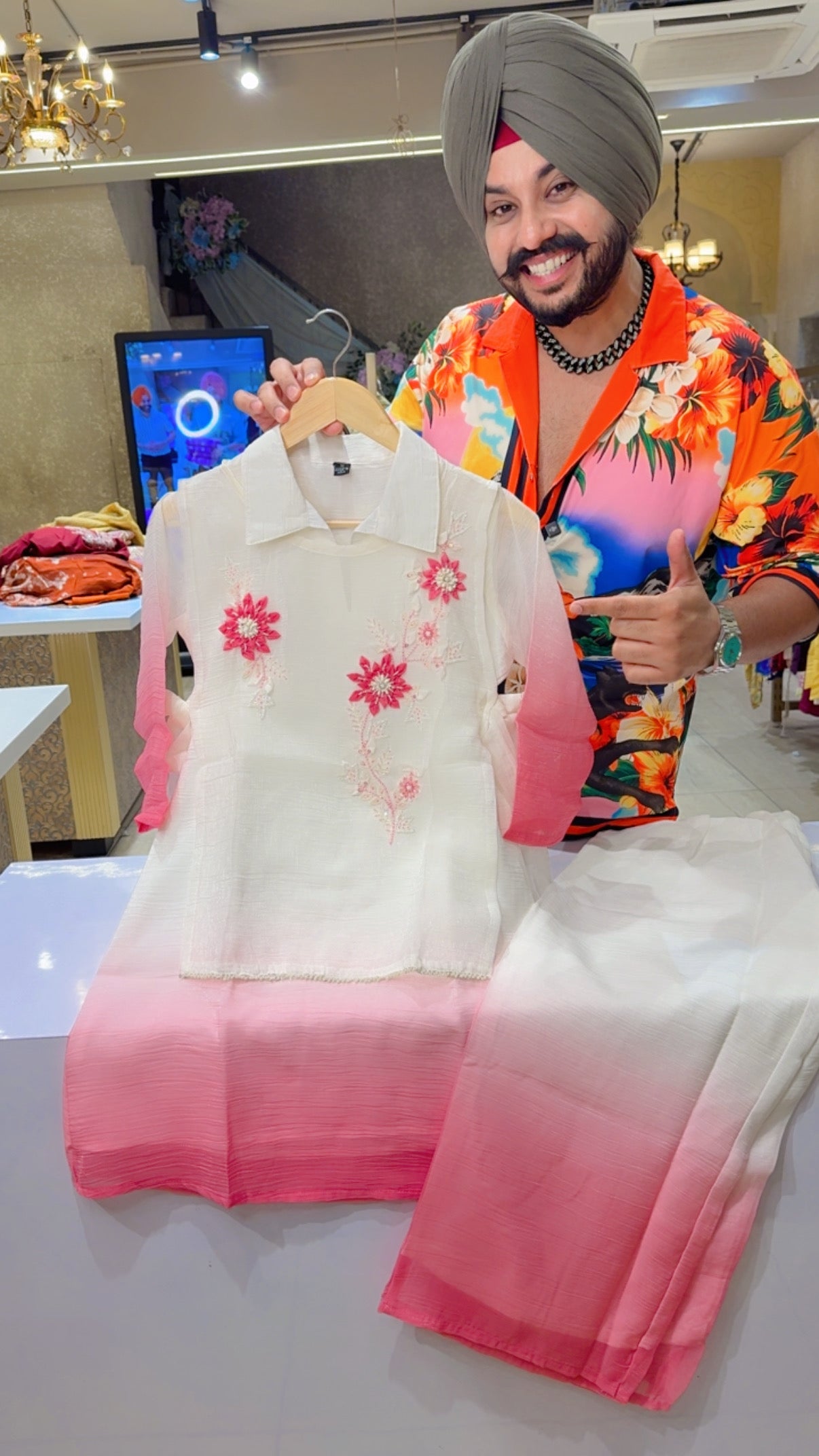 Pink Crush Tissue Collar Neck Party Wear Coord set with Hand embroidered Side Knot Jacket