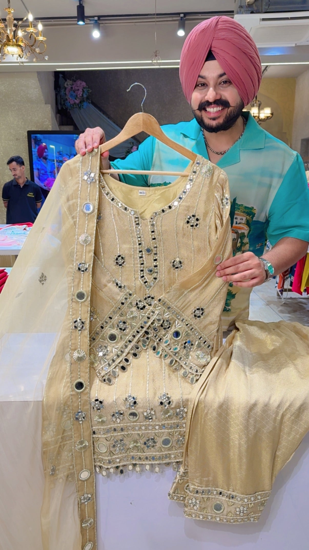 Golden Shimmer Textured Silk Heavy Mirror & Gotta Work Farshi Salwar Set with Beautiful Organza Duppata