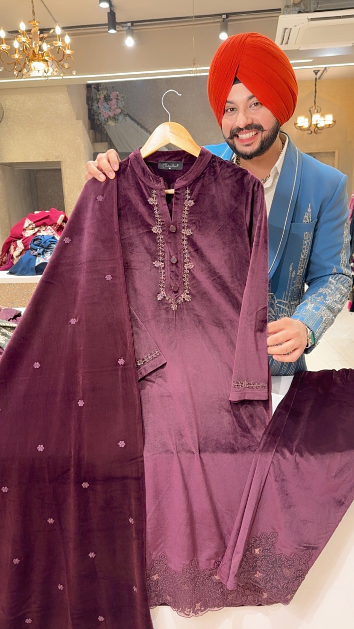 Wine Velvet Hand & Self Embroidered Party Wear Straight Suit