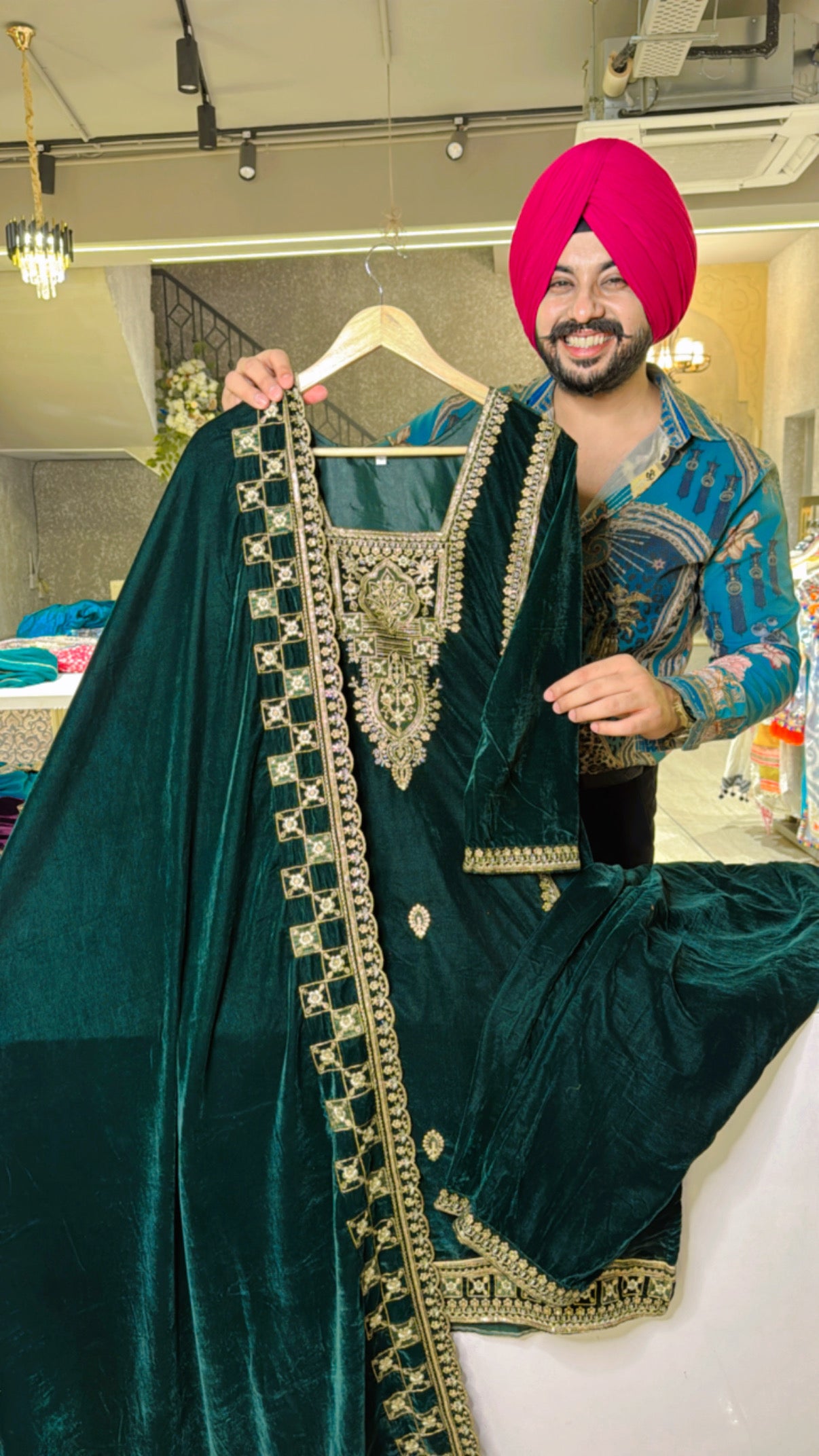 Green velvet Heavy embroidered suit with beautiful Duppata