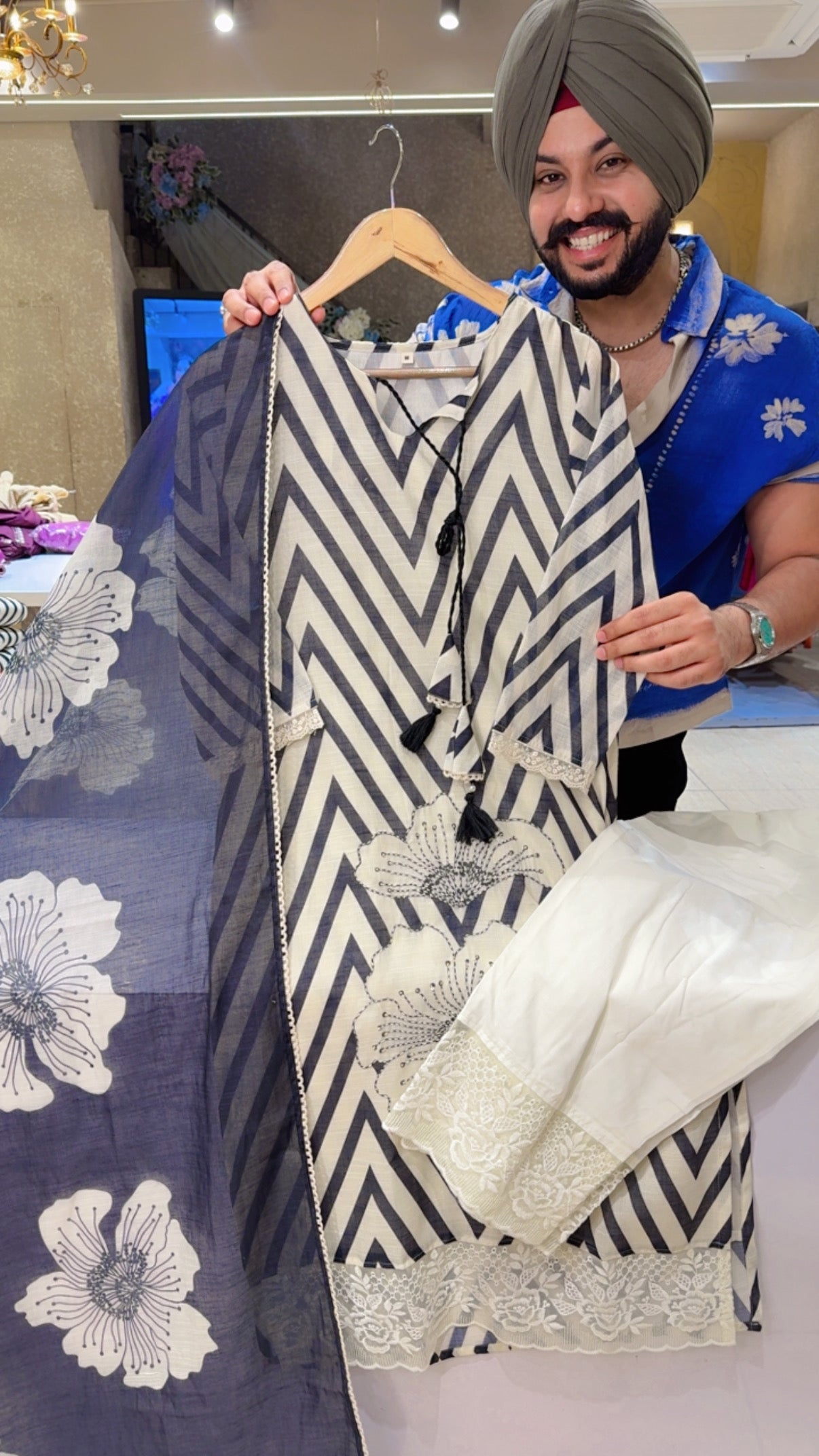 Cream & Dark blue Geometrical Print Embroidered Straight Suit With Beautiful Floral Print Duppata