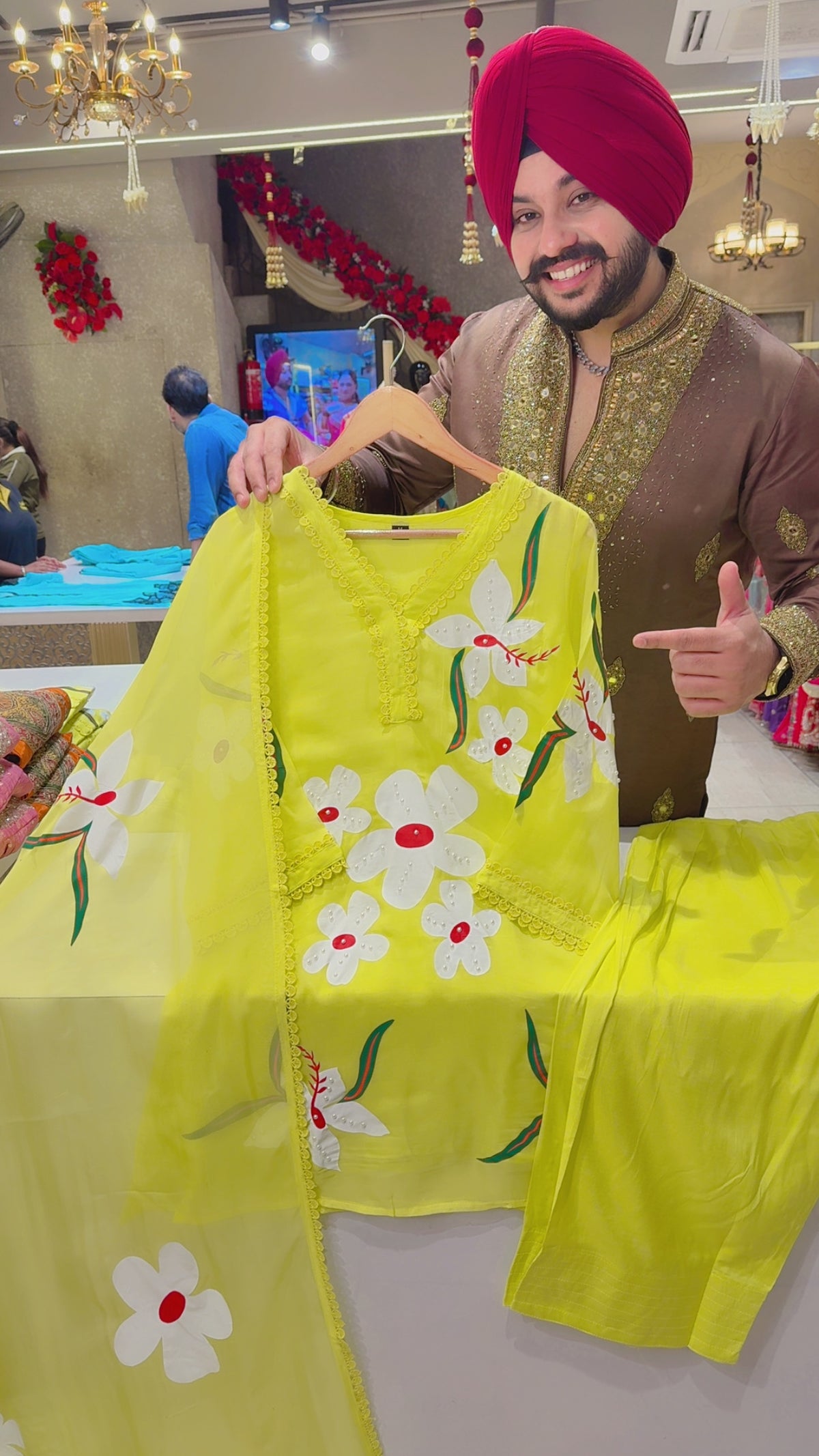 Fluorescent Green Soft Organza Floral Hand Painted & Pearl Pasting Farshi Salwar Suit