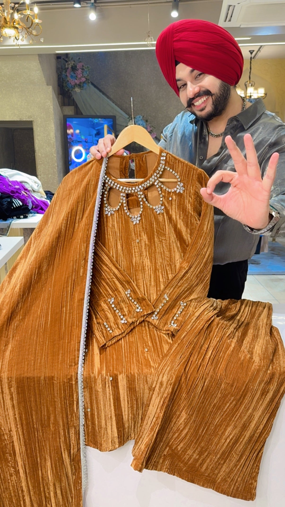 Mustard Crush Velvet Designer Neck Heavy Stone Work Indo western Suits