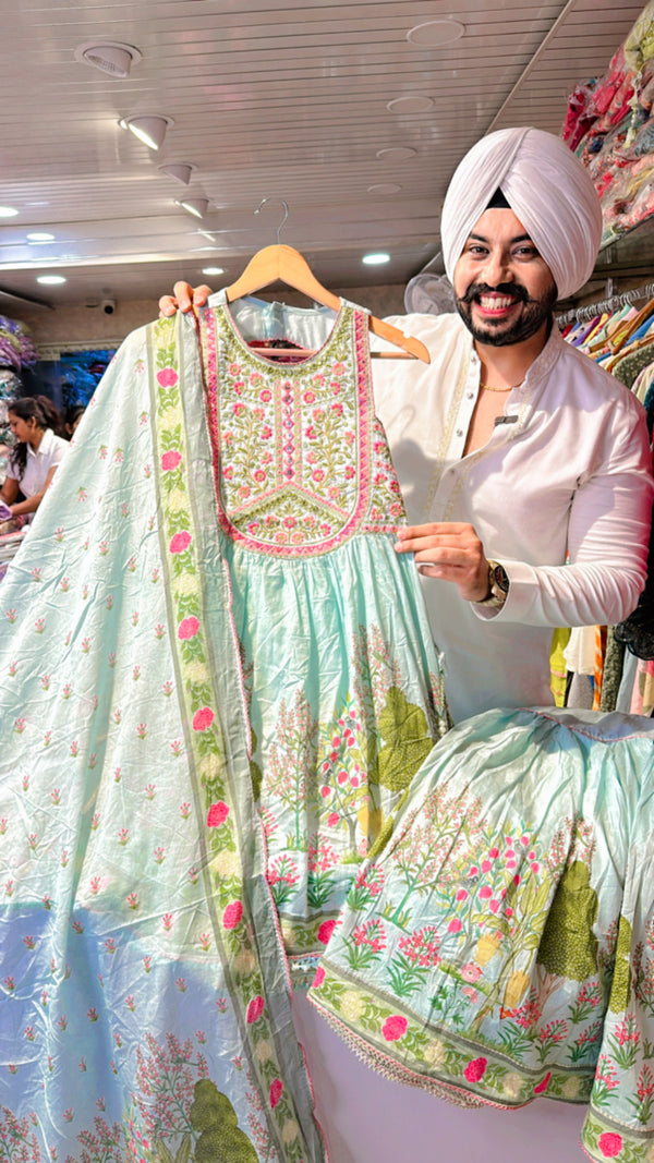 Ivory Gold Shimmer Silk Paplum Bell Botton Sharara Suit with Beautiful Mirror Work on it