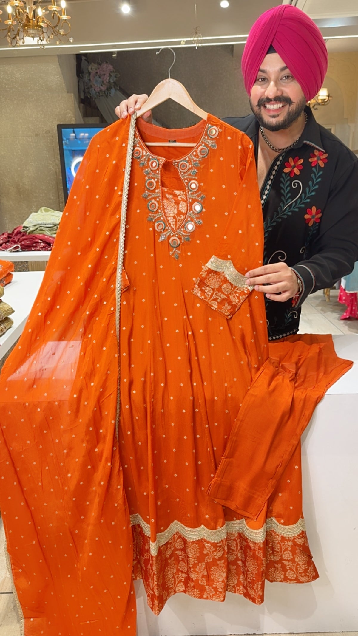 Orange Chinon Designer Neck Mirror Hand Work Full Flair Party wear Anarkali suit with Sleek Duppata