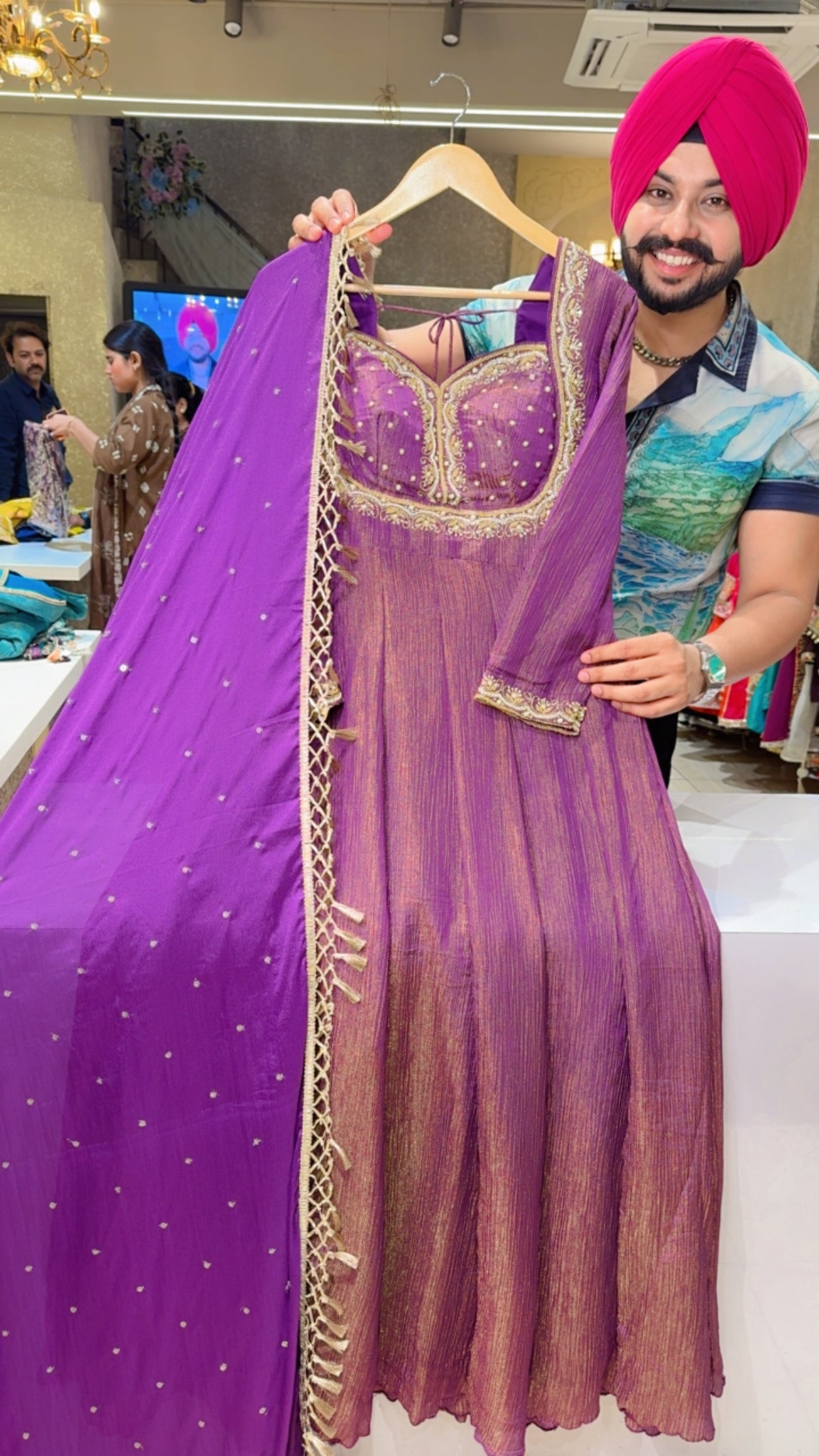Purple Crush Shimmer Tissue Hand Embroidered Padded Semi Backless Anarkali Gown With Designer Lace Chinon Duappta