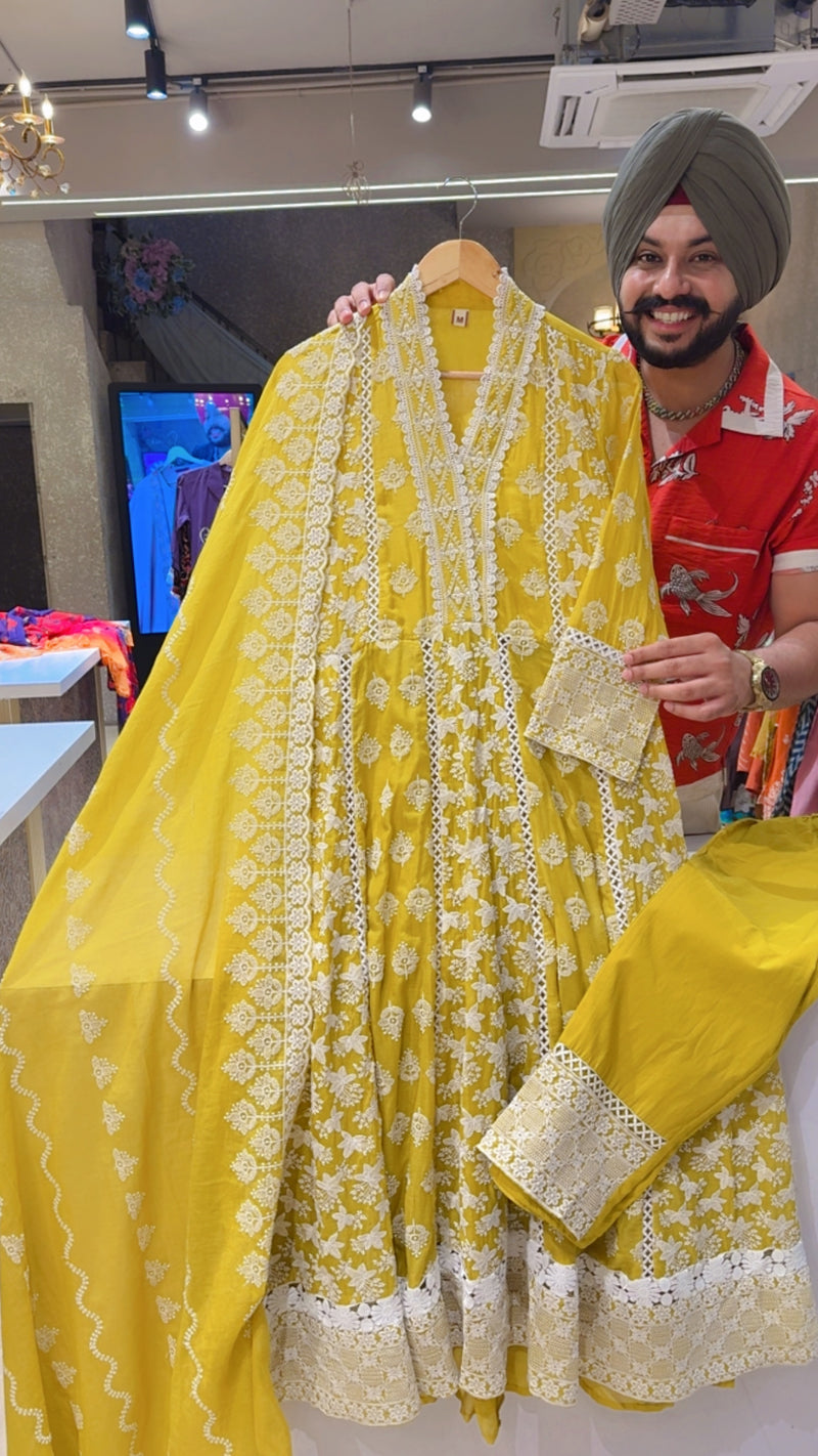 Yellow Mal Cotton Fully Embroidered Anarkali Suut with Embroidered Mal