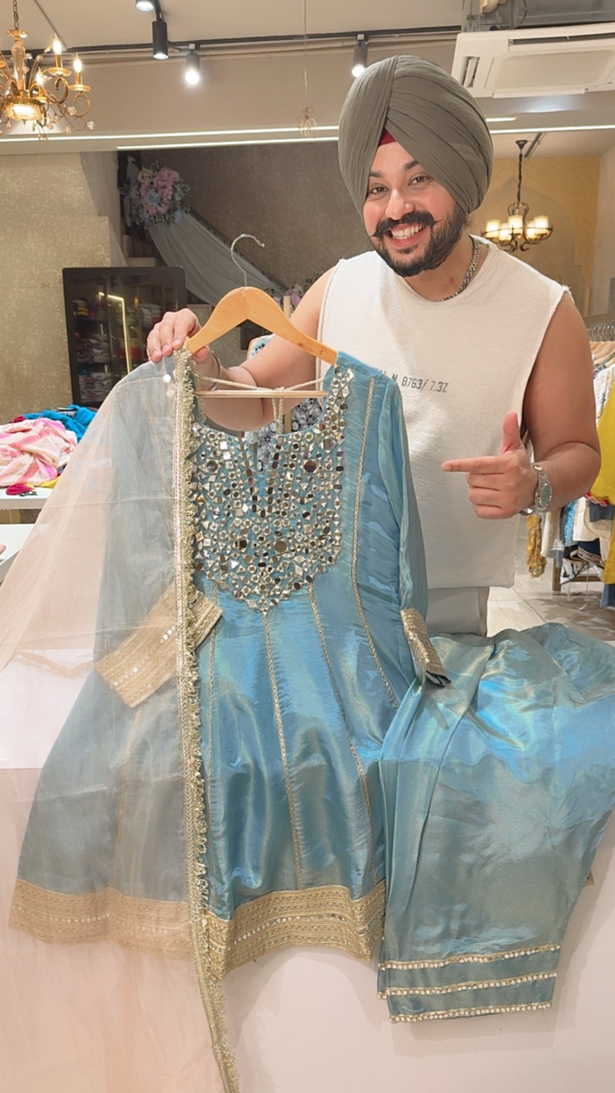 Powder Blue Shimmer Silk Heavy Mirror Embroidered Semi Backless Paplum Farshi Salwar Set with Kiran Lace Sea Blue Organza Duppata