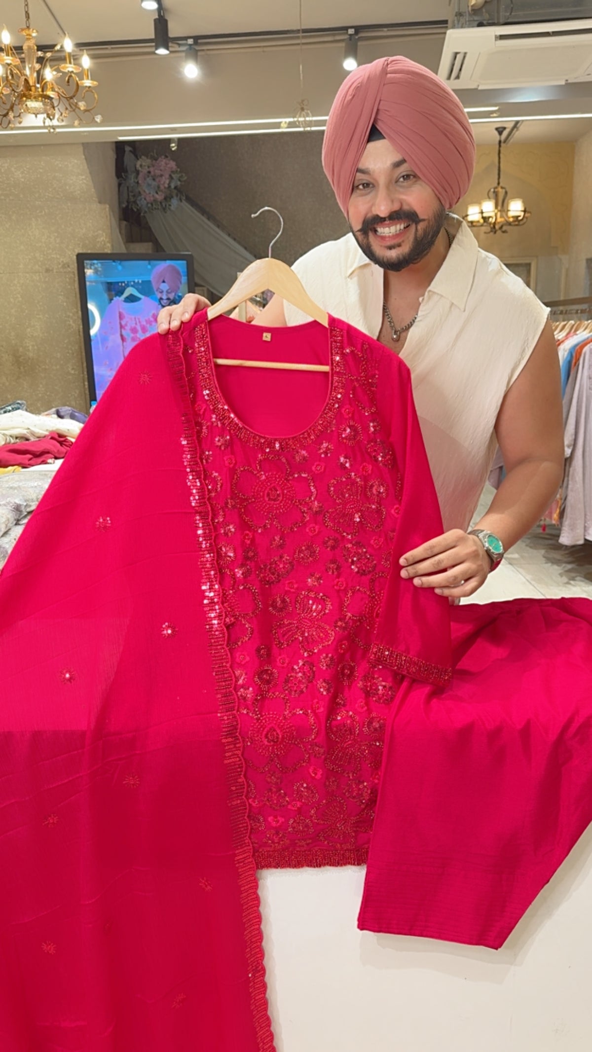 Rani Pink Chinon Self Hand embroidered Farshi Salwar Suit