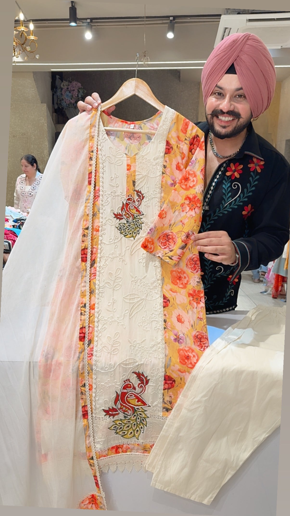 Off white & yellow Floral Print & Embroidered Summerish party Wear Straight Suit