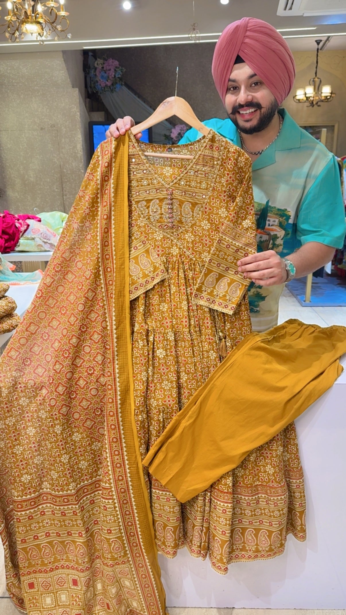 Mustard Colour Pure Cotton Angrakha Full Fliar Anarkali Suit with Beautiful Embroidery Work On Neck