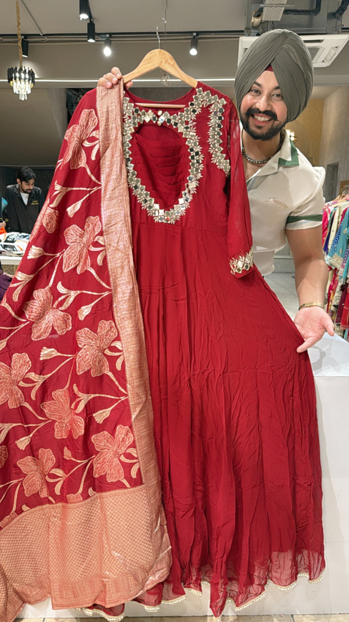 Maroon Georgette Full Flair Anarkali Gown With Mirror Work on Designer Neck & Beautiful Banarasi Look Duppata