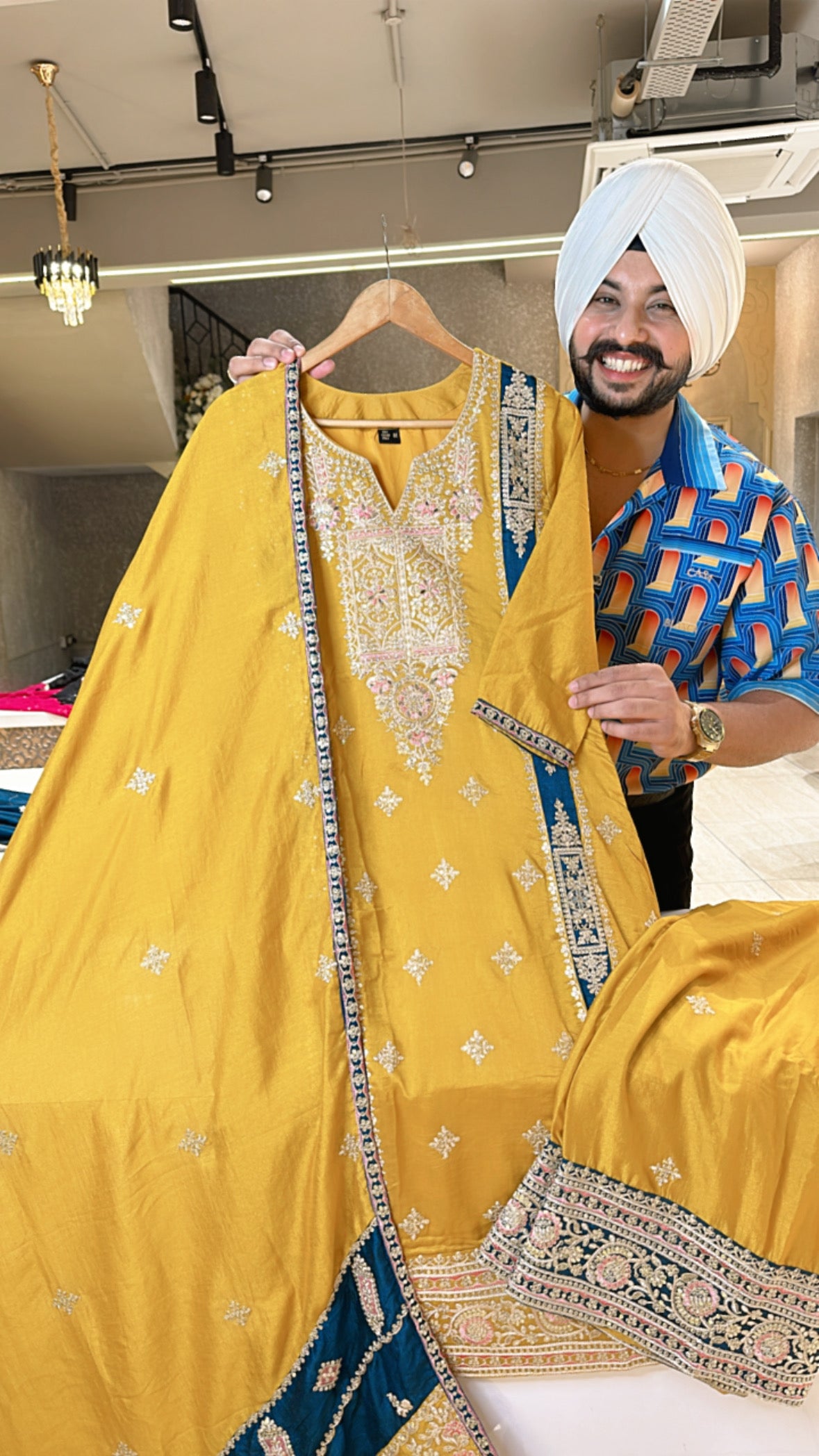 Goldenish yellow chinon Heavy embroidered Premium Plazo suit with Heavy Duppata