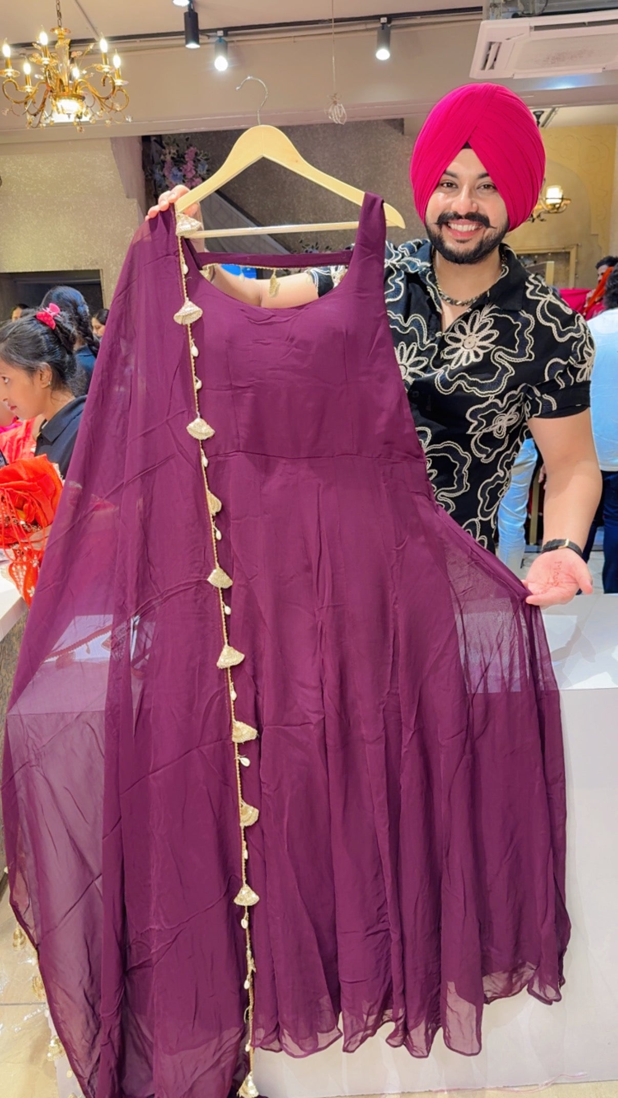 Wine Georgette Designer Backless Anarkali Gown with Beautiful Shell & Handwork Hangings on backless Back & Duppata
