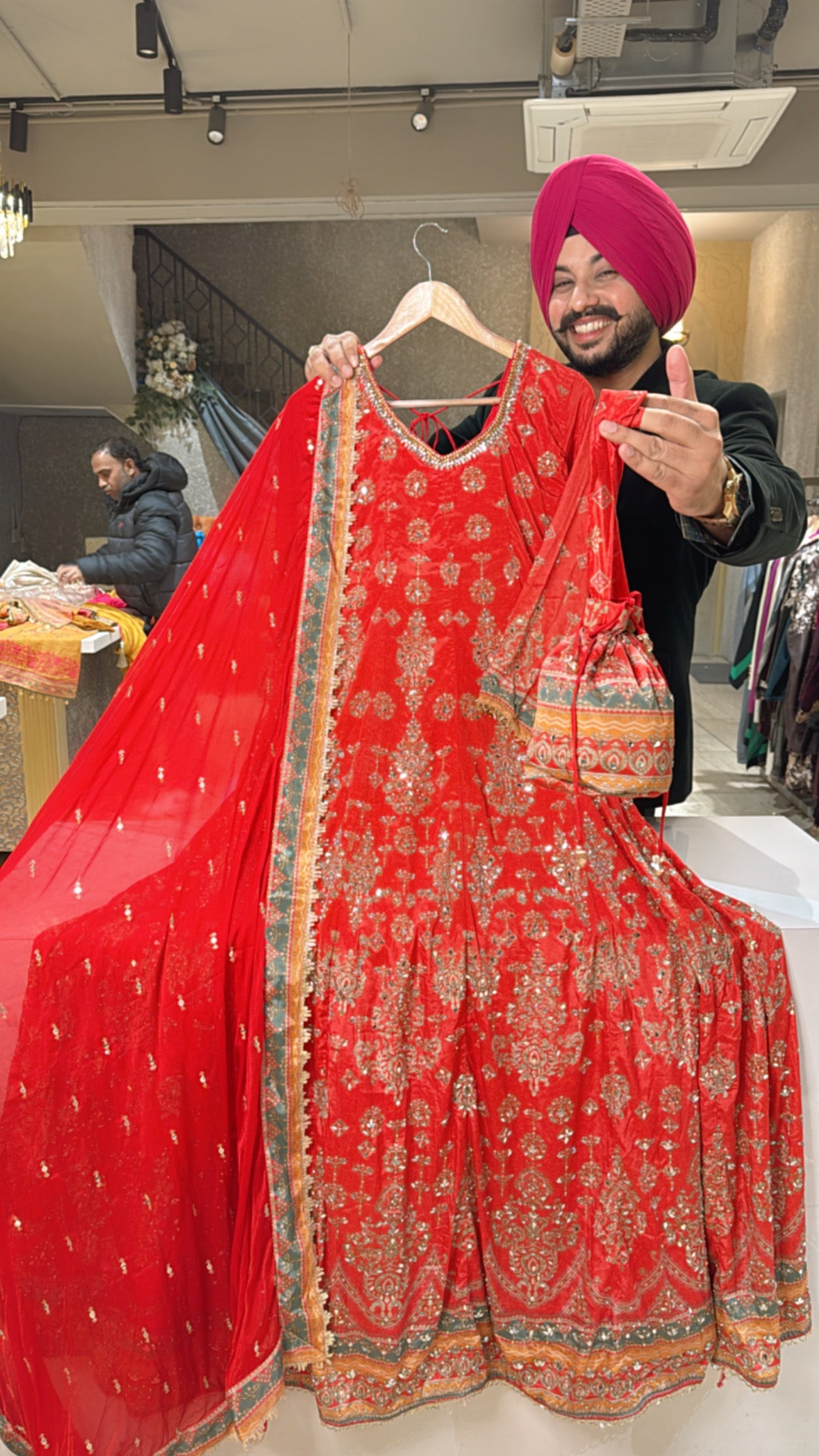 Reddish Orange Crepe Heavy Anarkali Gown with Cute Potli & beautiful Duppata