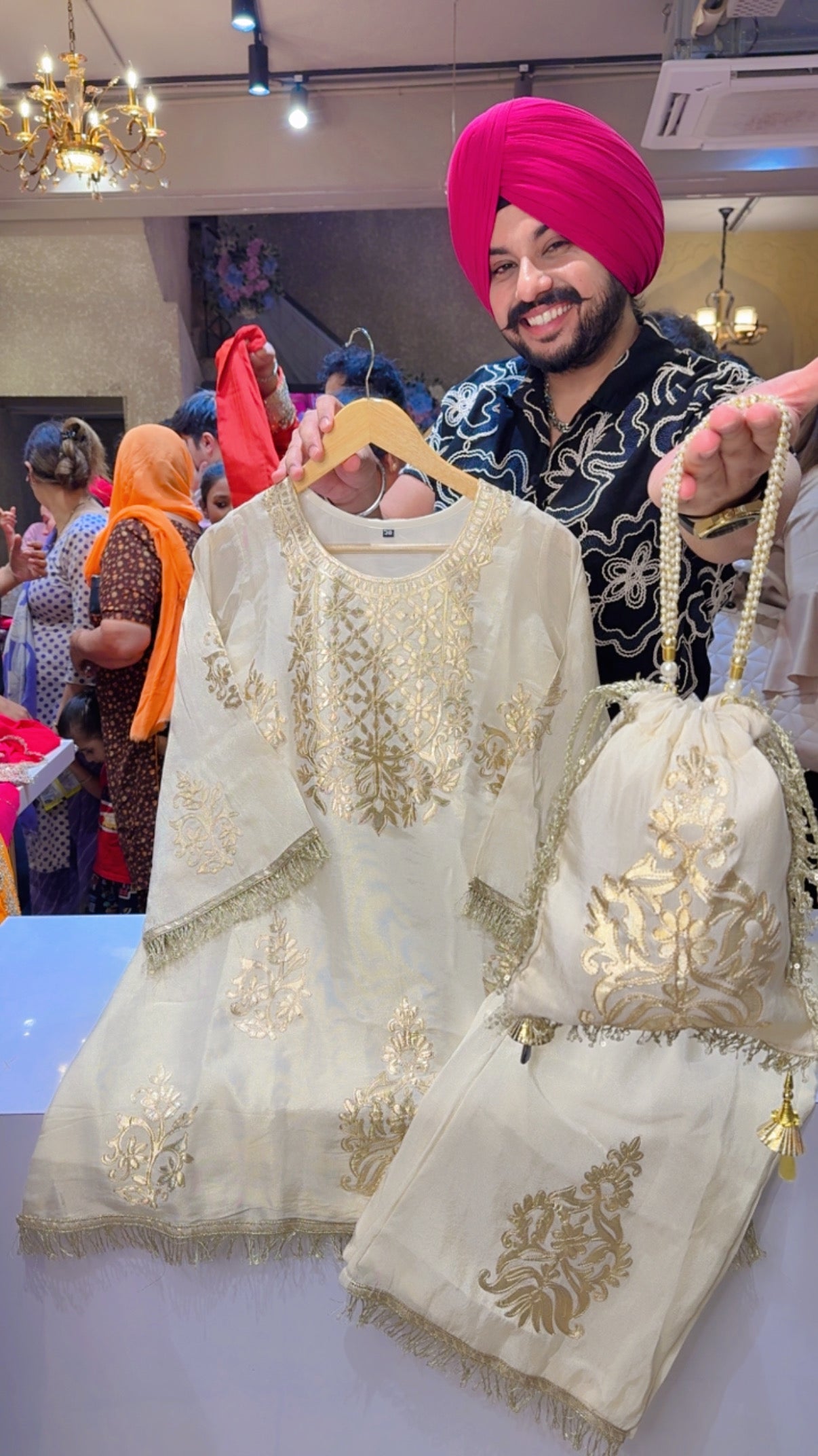 Ivory Gold Shimmer Silk Tissue Heavy Gotta Embroidered Party Wear Coord set with Cute Potli