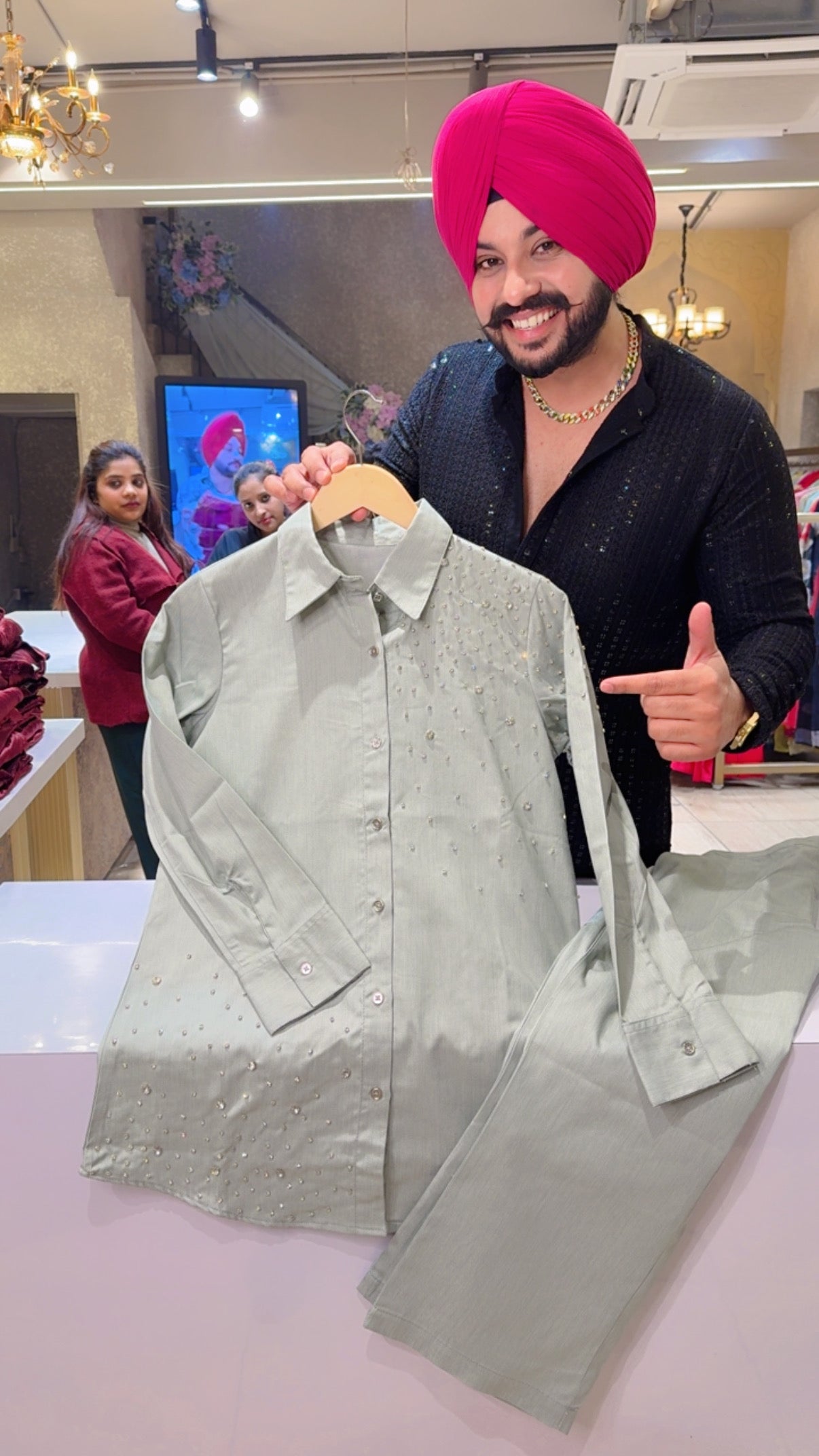 Light sea Green Soft denim Coord set with Beautiful Stone Work on it