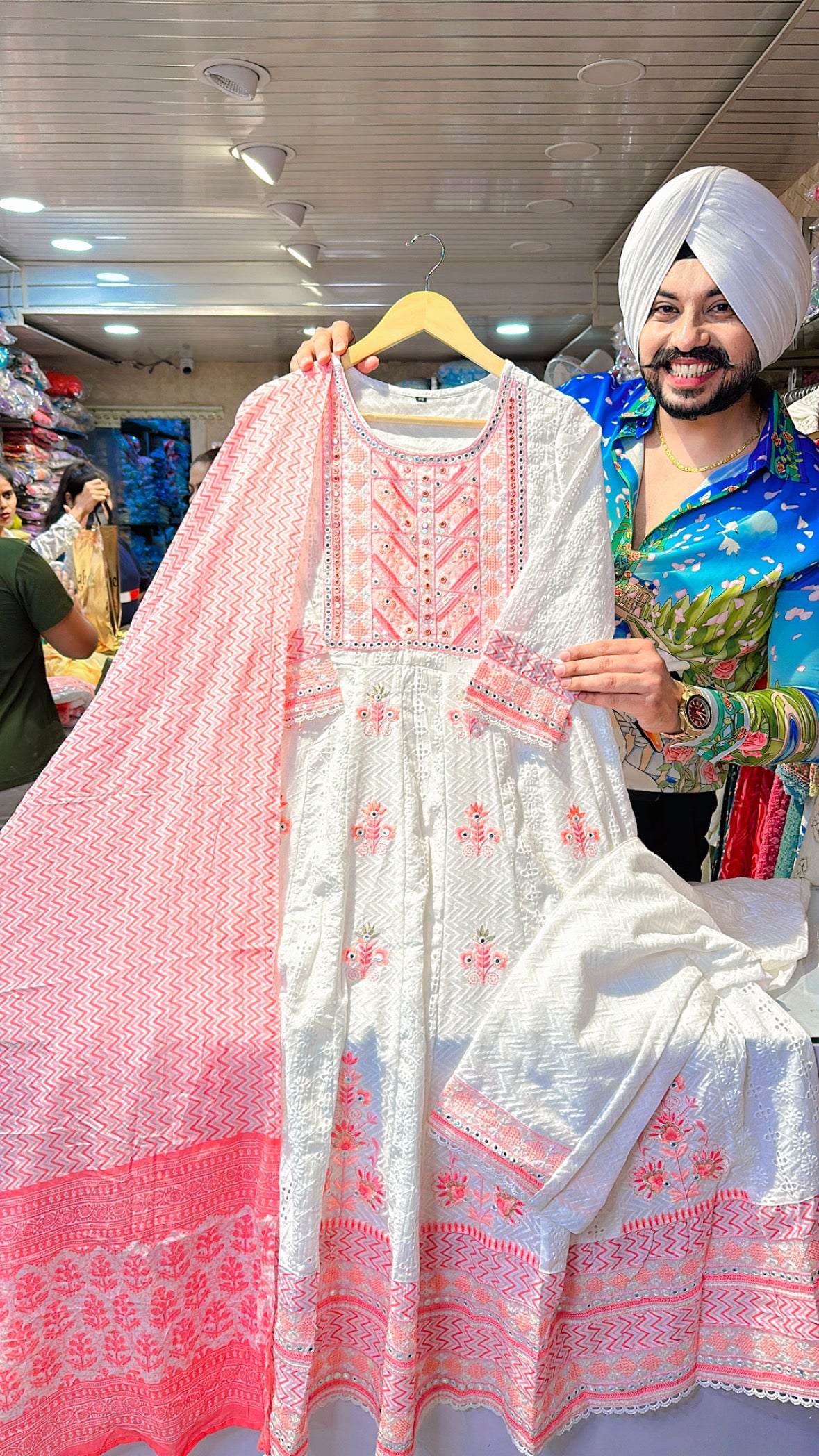 Moon White & Pink Pure Cotton Anarkali suit with Beautiful Embroidery work on neck