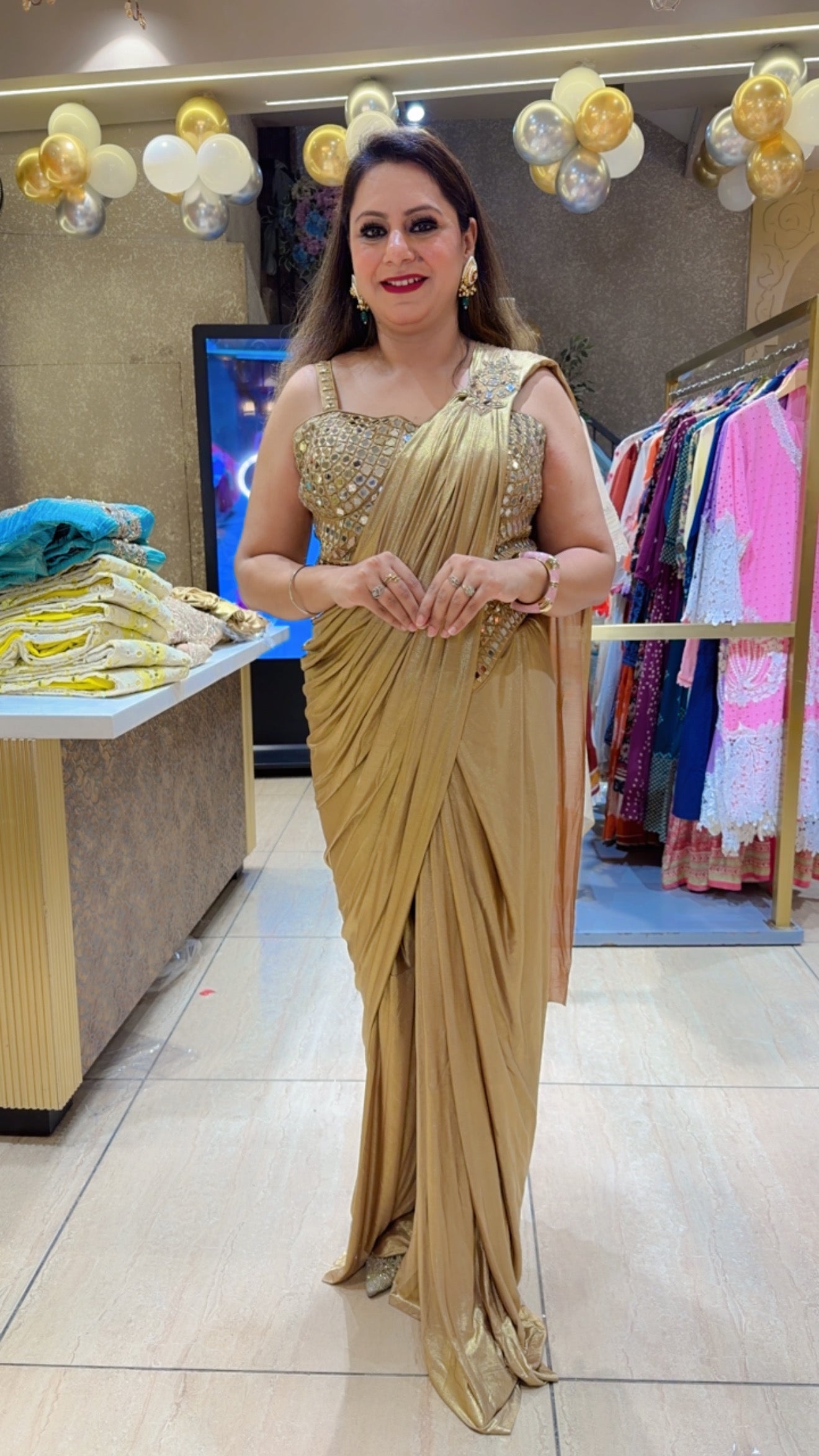 Golden Shimmer Drape Attached Bell Bottom Sharara with Heavy Mirror work CorSet