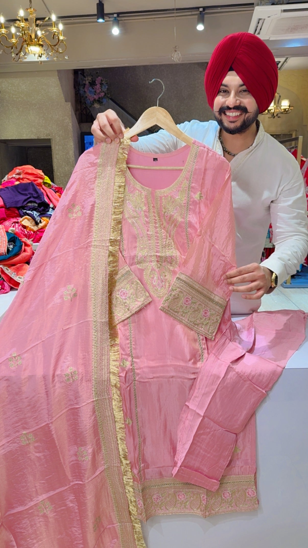 Pastel Pink Shimmer Silk Heavy embroidered Kashmiri Suit with Beautiful Heavy Duppata