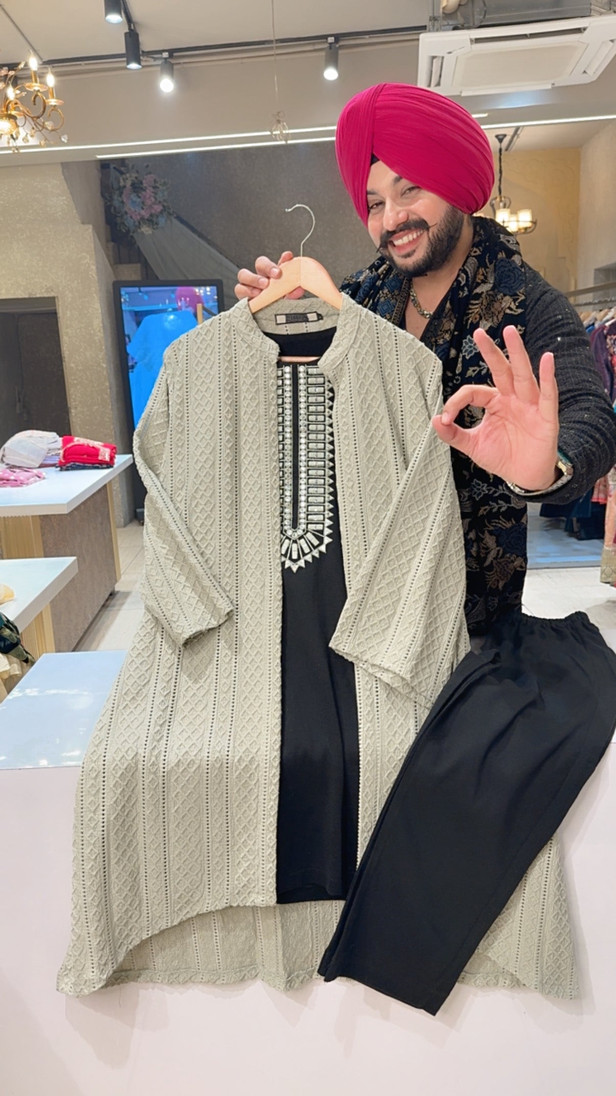 Black & Light Pista Woolen Long Length Embroidered Coord set with Stylish Shrug