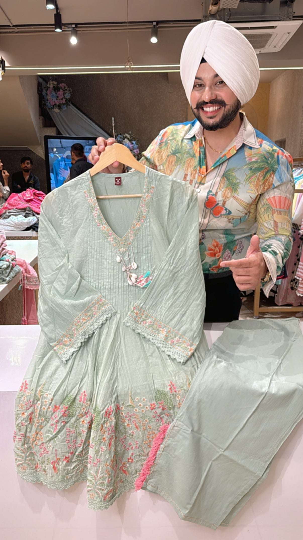 Light Sea Green Mal Cotton Embroidered Coord set with side Slit Pants