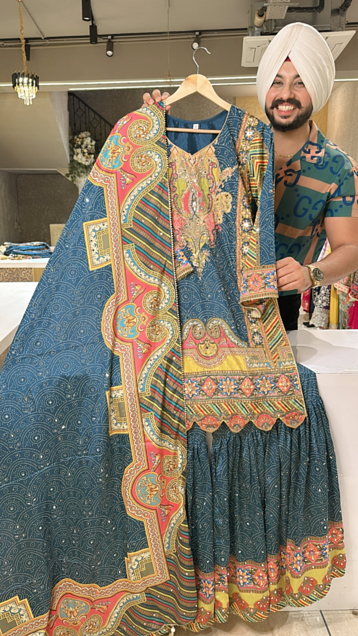 Peacock blue Crepe Heavy handwork Full flair Garara Suit