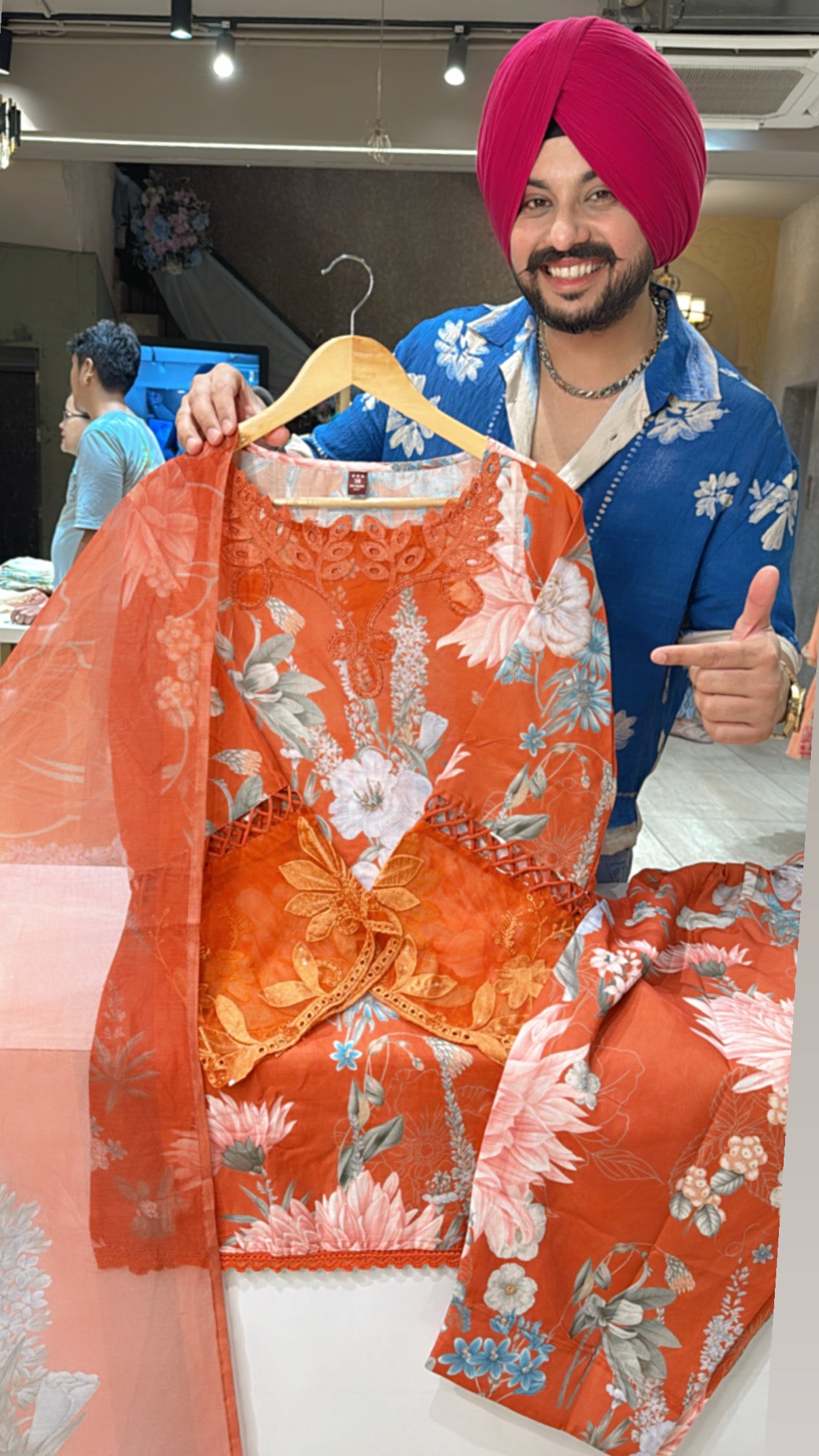 Rusty Orange Floral Print Farshi Salwar Set with Designer Neck & Sleeves