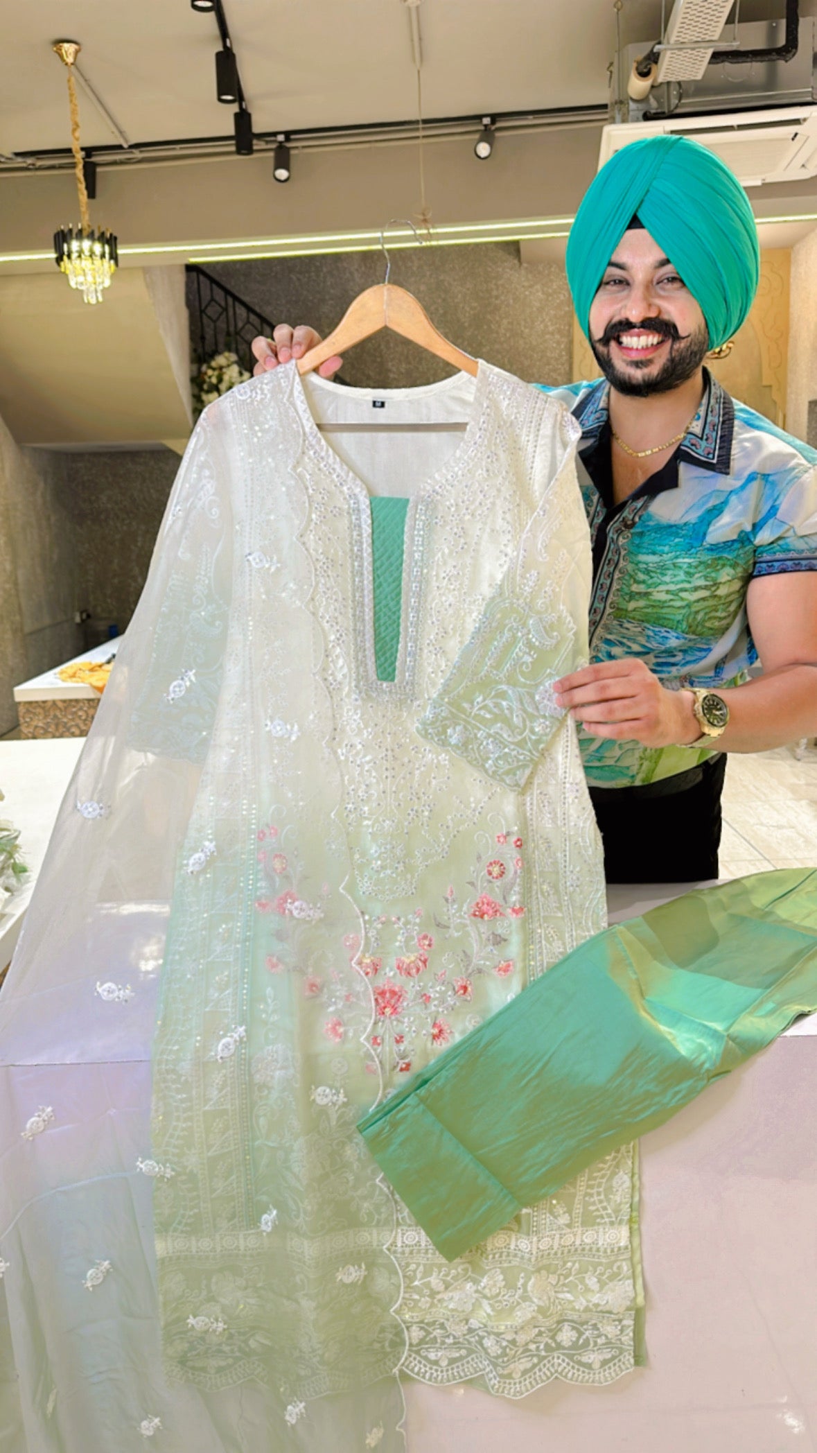 Moon white & green Organza Pakistani heavy Embroidered Suit