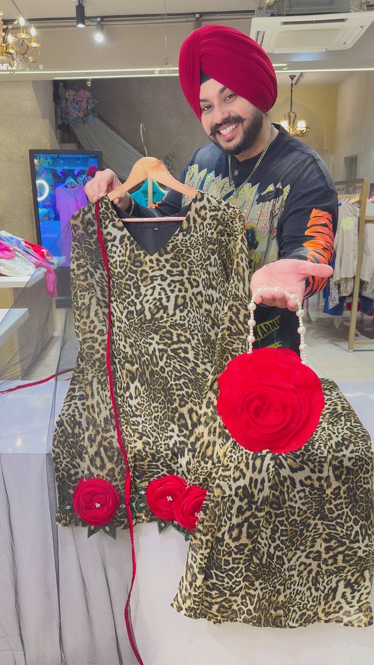 Leopard Print Rose Hand Patch Work Indowestern Bell Bottom Suit with Designer Rose Purse