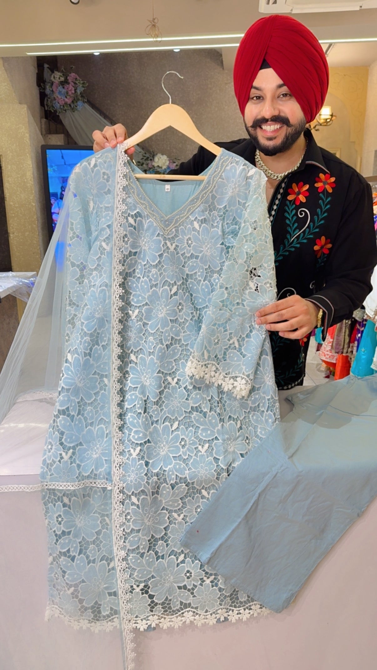 Powder Blue Cotton Beautiful Floral Crochet Suit with Pearl Hand work on Neck & Net Duppata