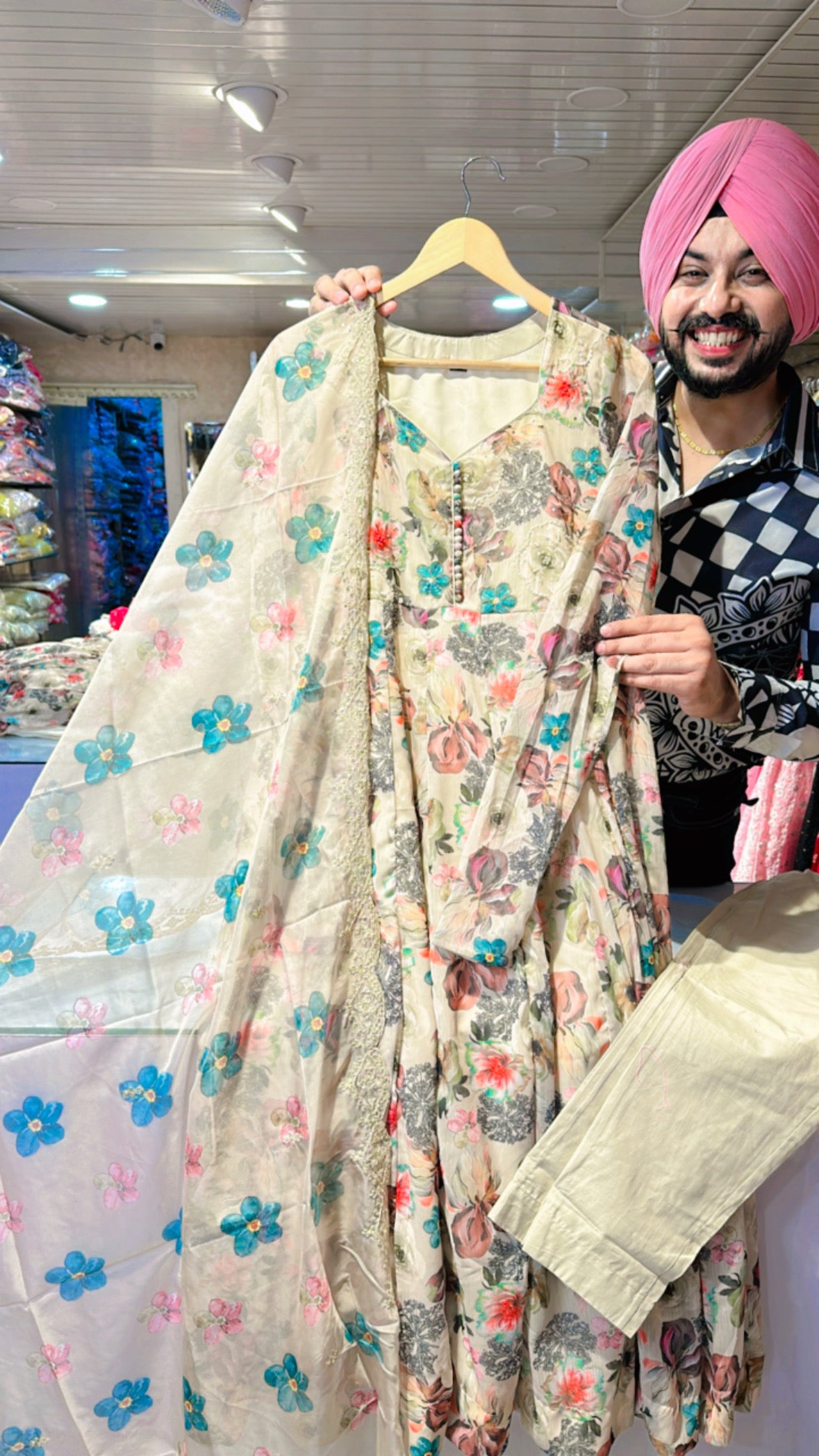 Biege with Floral Print Chiffon Embroidered Anarkali suit with Beautiful Organza Duppata