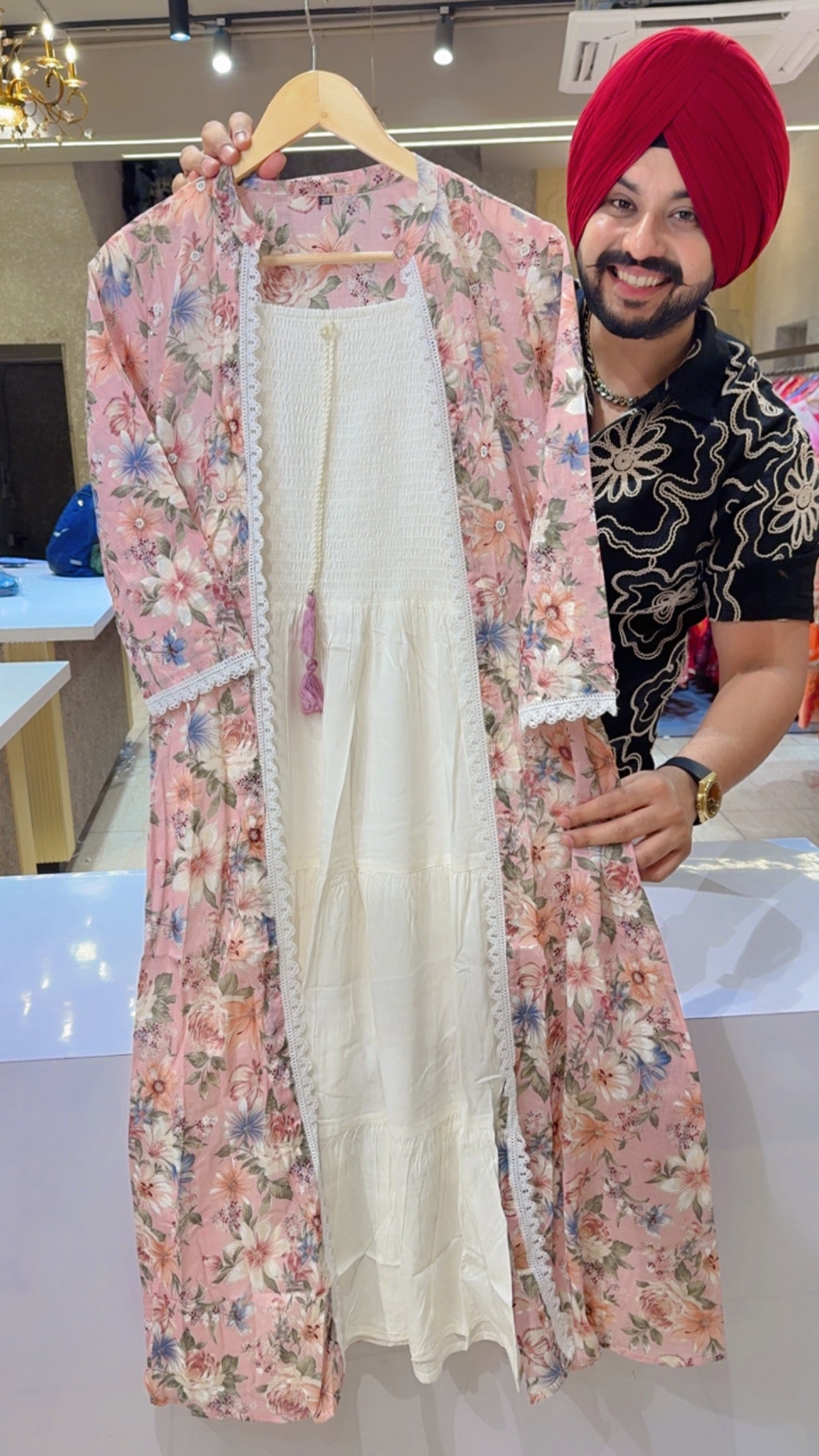 Pink & Off White Cotton Indowestern dress featuring Floral Print and a Stylish Shrug