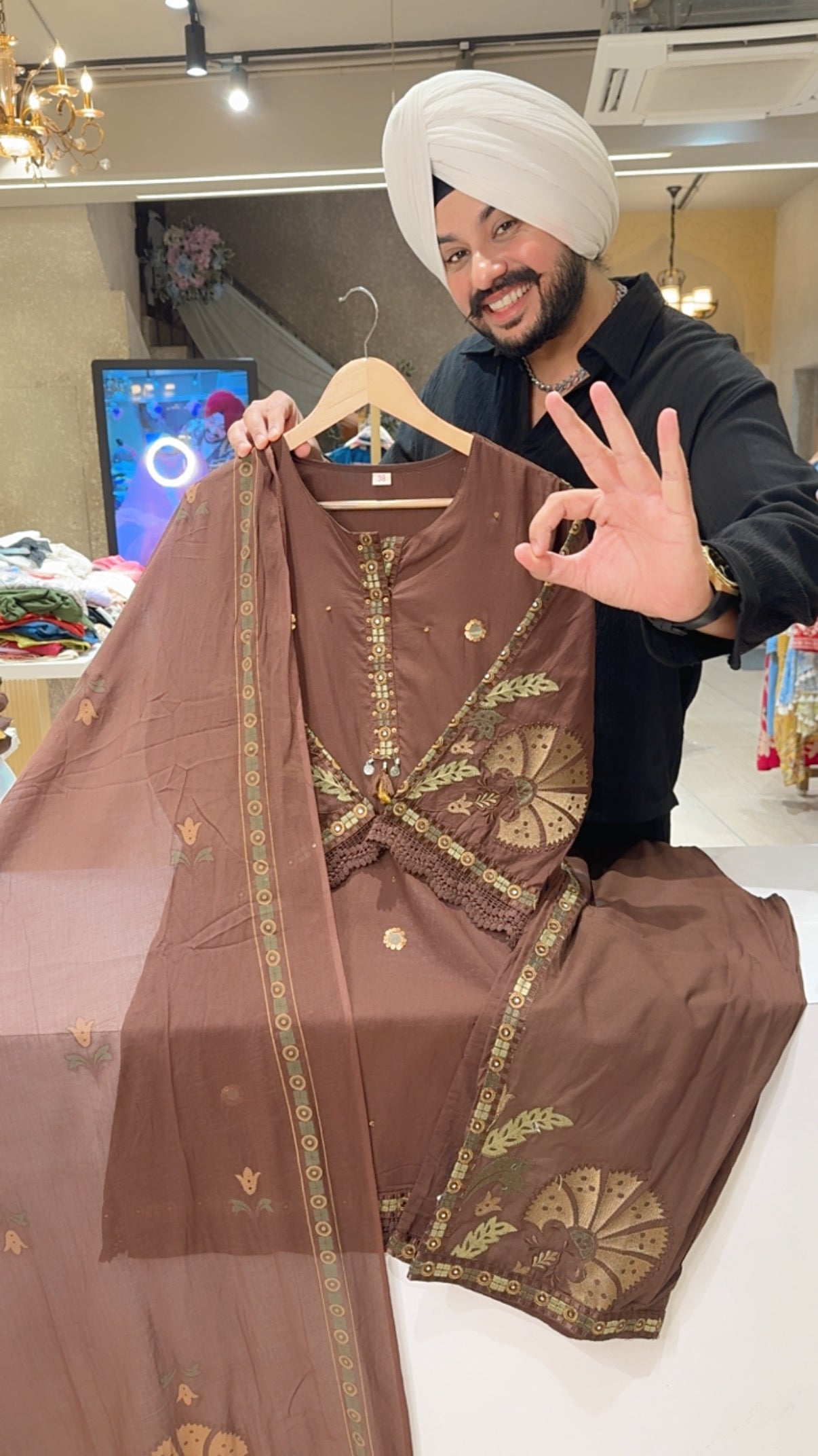Chocolate Brown Soft Cotton Semi Formal Suit with Beautiful embroidery work on n Sleeves & Pants