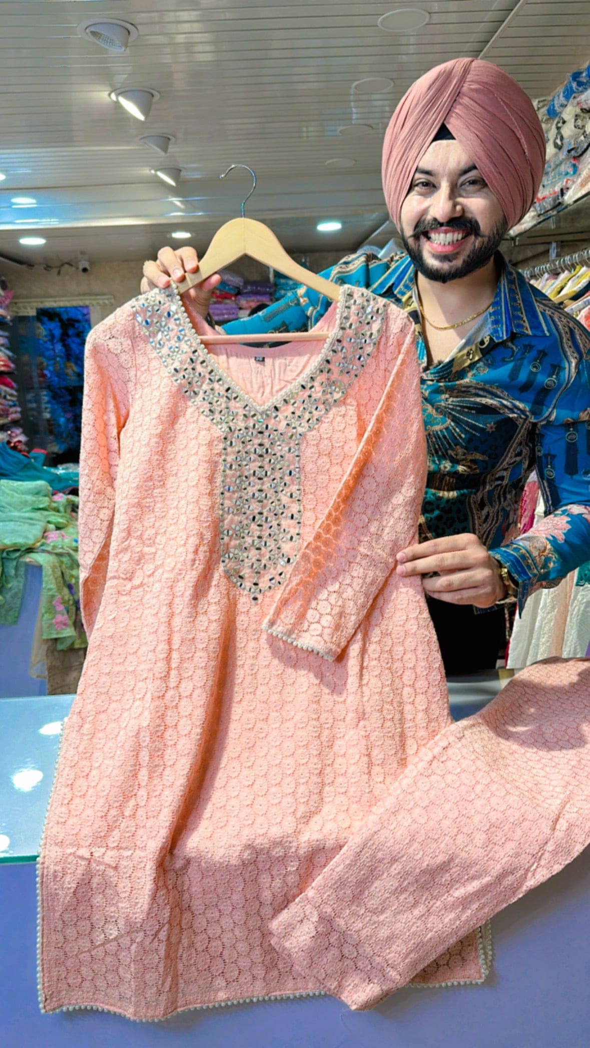 Peach crochet Lace Coord set with beautiful Mirror work on neck.