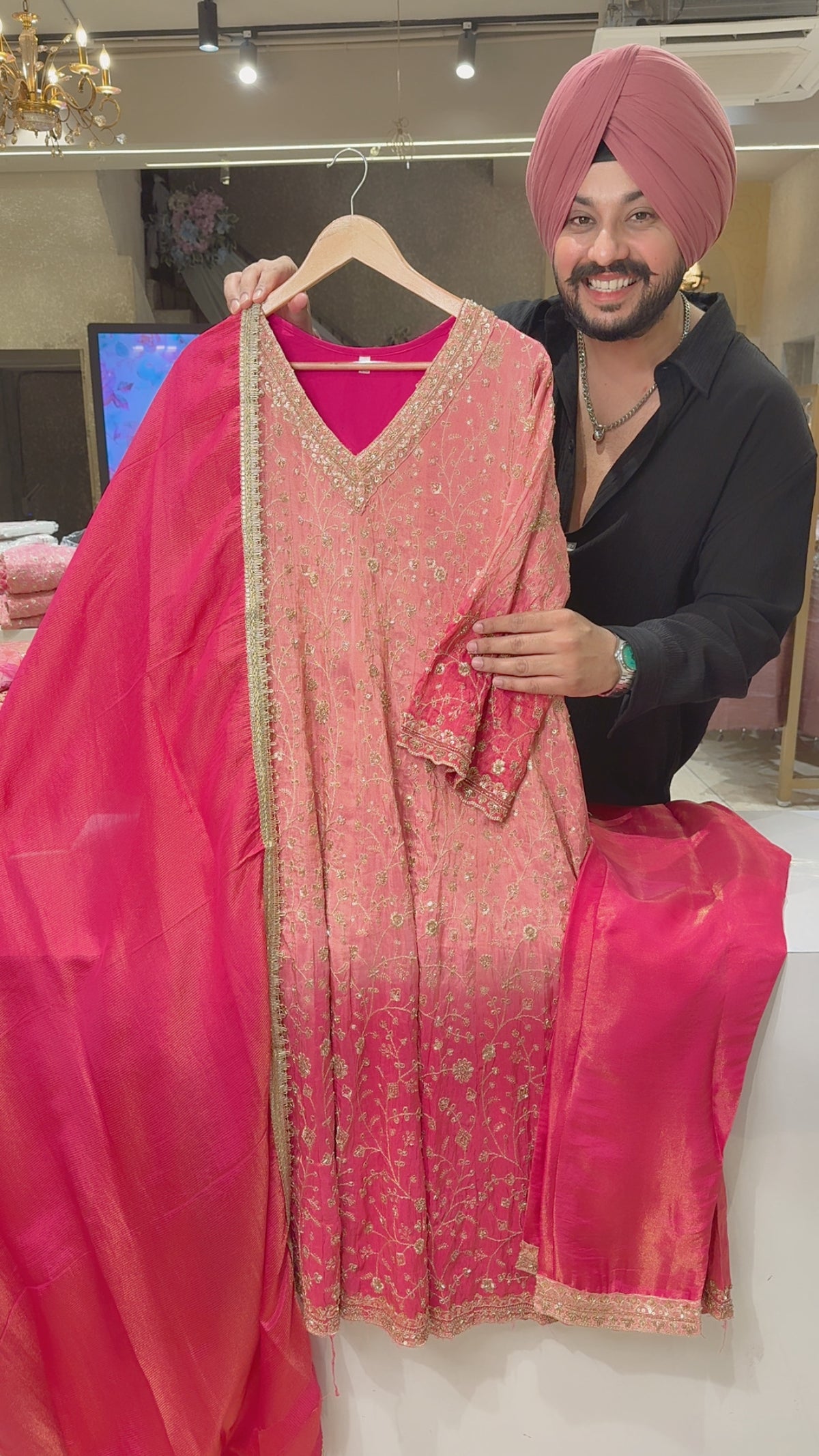 Pastel pink & Rani Shimmer Silk Front & Back Fully Hand embroidered Party Wear Anarkali Suit