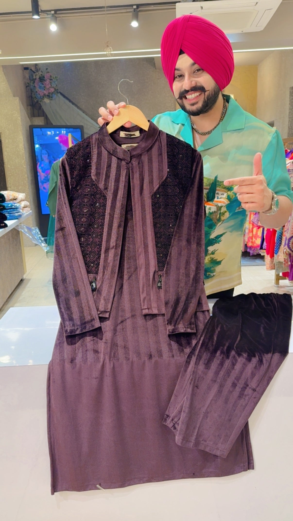 Dark Wine Stretchable Velvet Partywear Long length Coord set with Embroidered Short Jacket