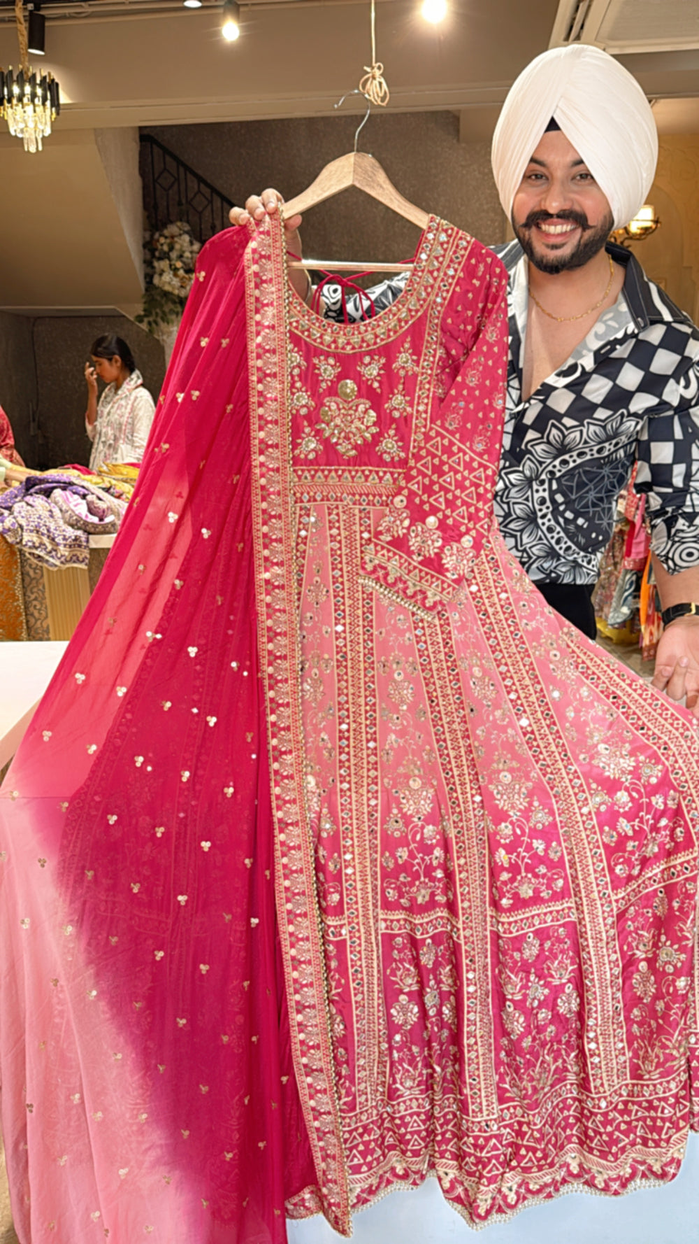 Cream & Lavender Chiffon Floral print Full Flair Anarkali Suit with Hand Embroidery work on neck & Organza Duppata main image 1