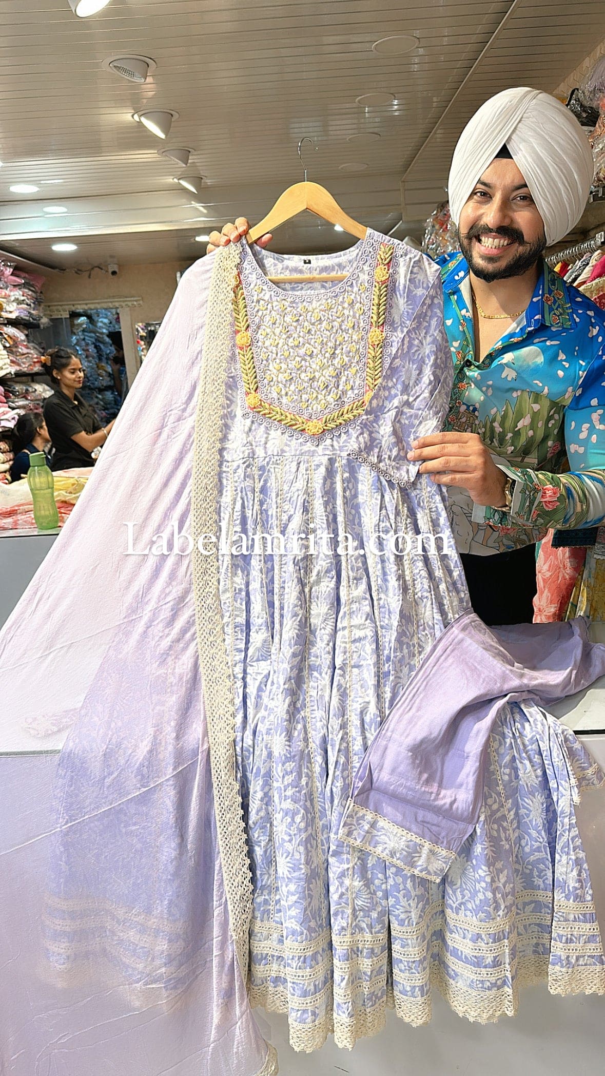 Light Lavender Pure Cotton Full flair Anarkali suit with Beautiful hand work on neck