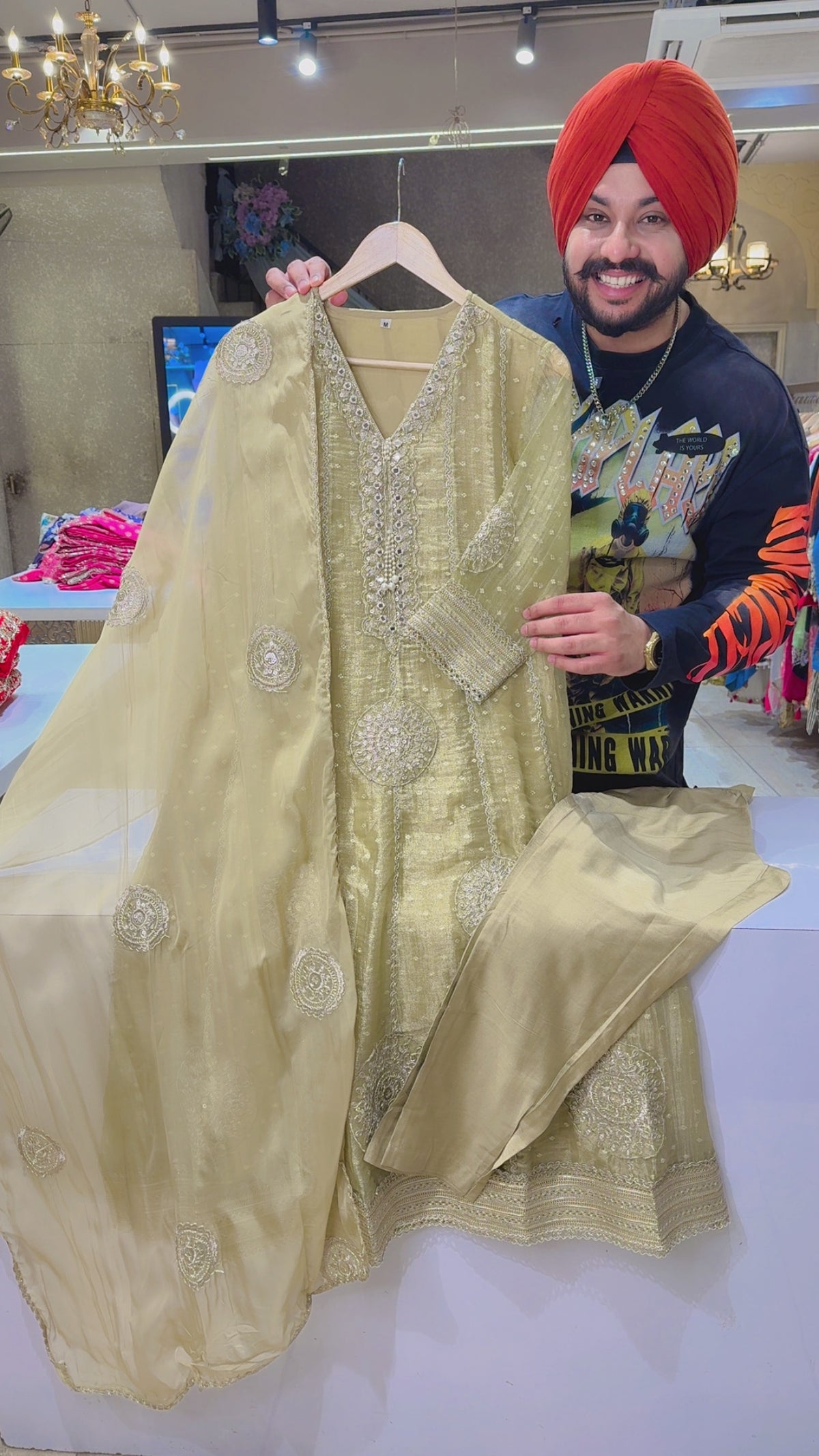 Goldenish Beige Salsa Fabric Fully Embroidered Partywear Anarkali Suit