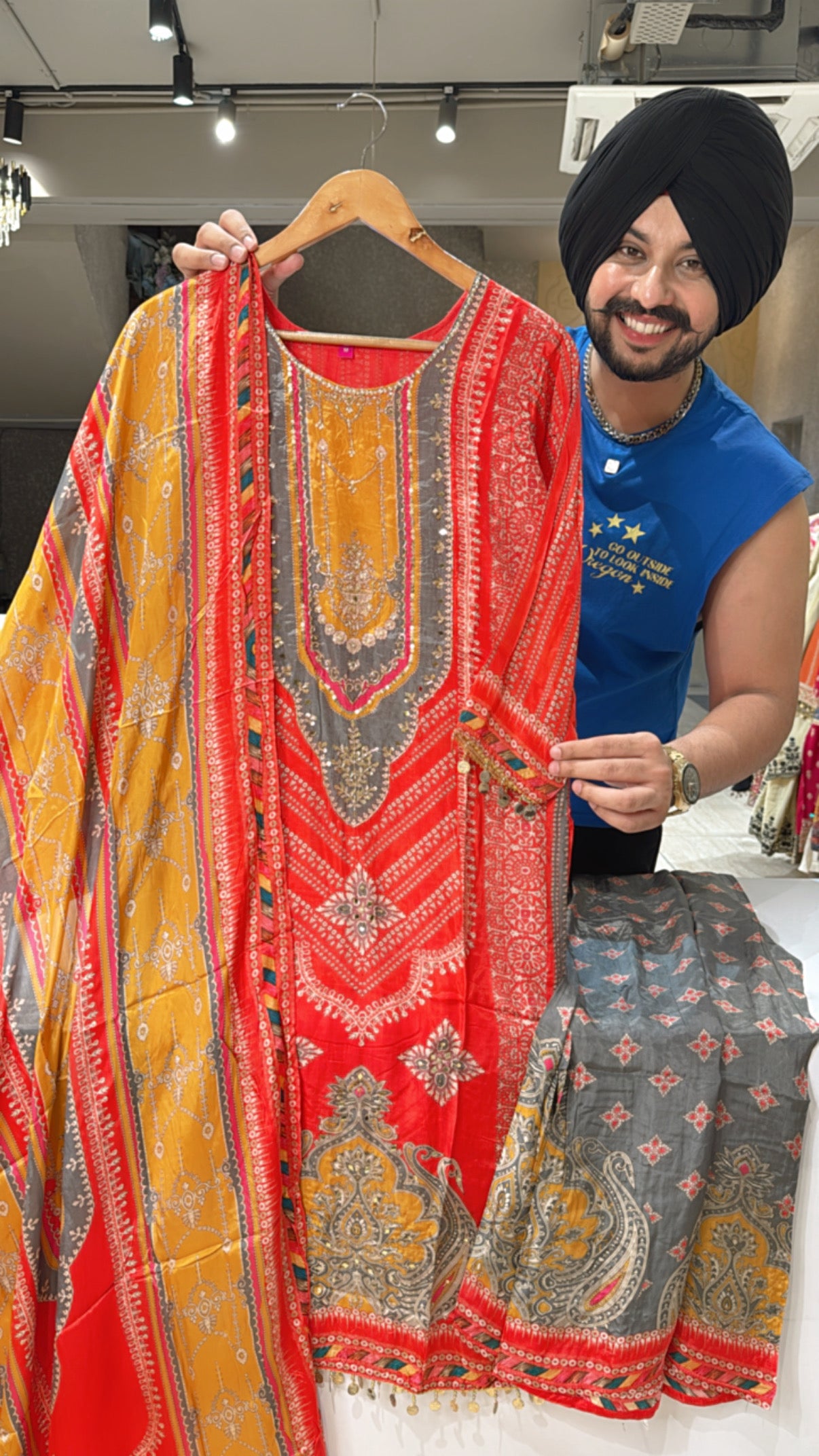 Red & Grey Viscose Crepe Heavy embroidered Straight Suit