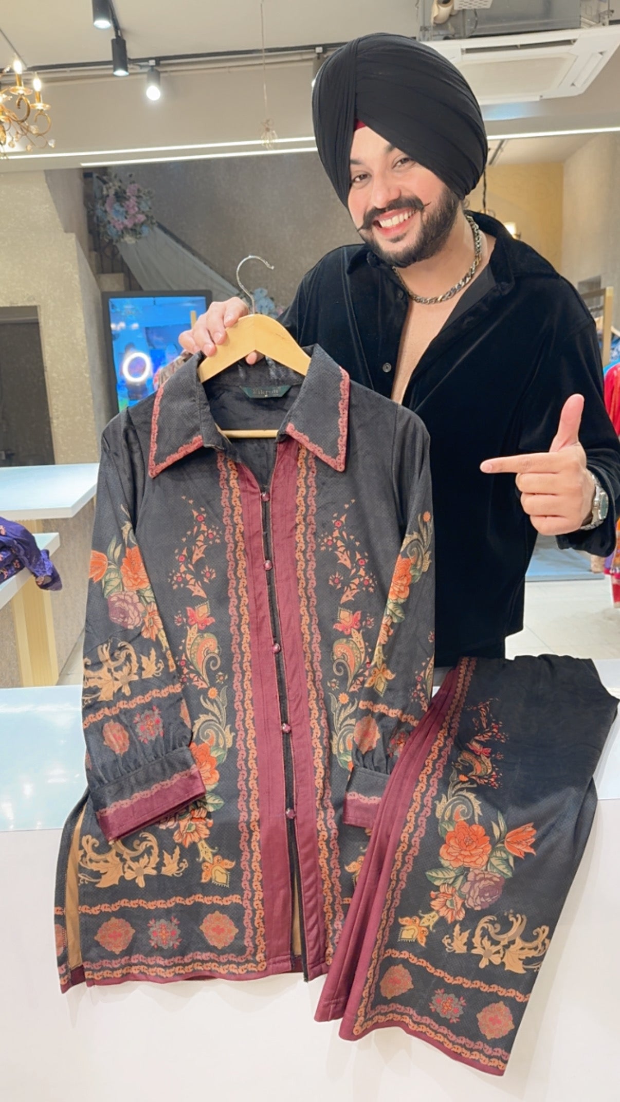 Matt Black Premium Strechable velvet Floral Print Office Wear Coord set