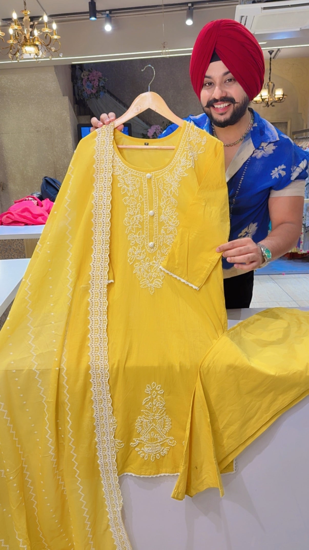 Yellow Soft Cotton Lucknowi Style Embroidered Straight Suit with Fully Embroidered Duppata