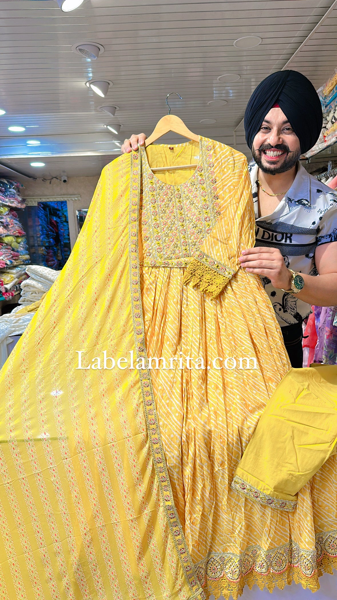 Yellow Pure Mal Cotton Anarkali suit with Beautiful Embroidery work on neck & Border