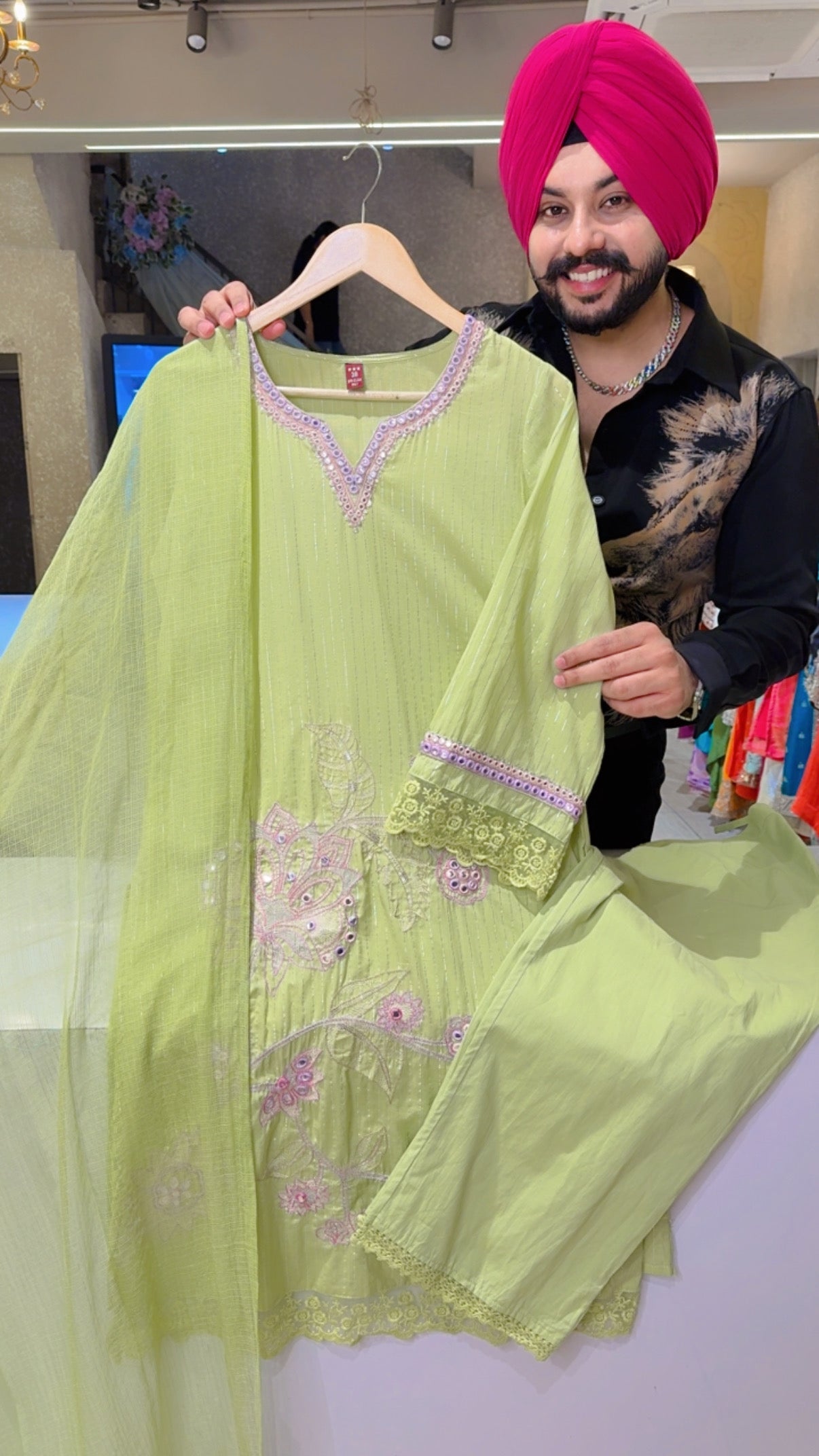 Pastel Green Premium Cotton beautiful Floral Embroidered Straight Suit with Kota Doria Duppata