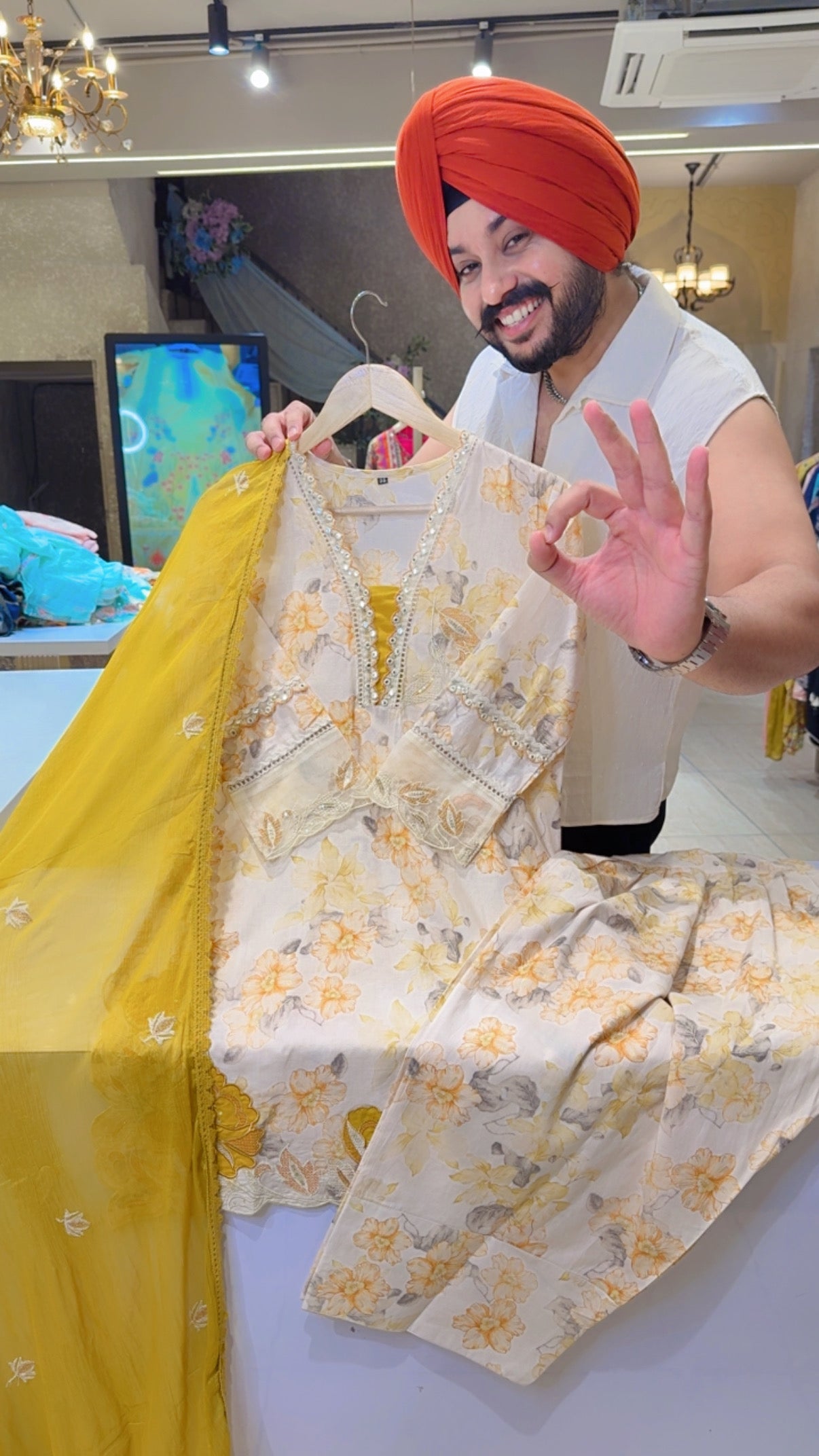 Cream & yellow Floral Print Semiformal Farshi Salwar Suit with Crush Chinon Duppata