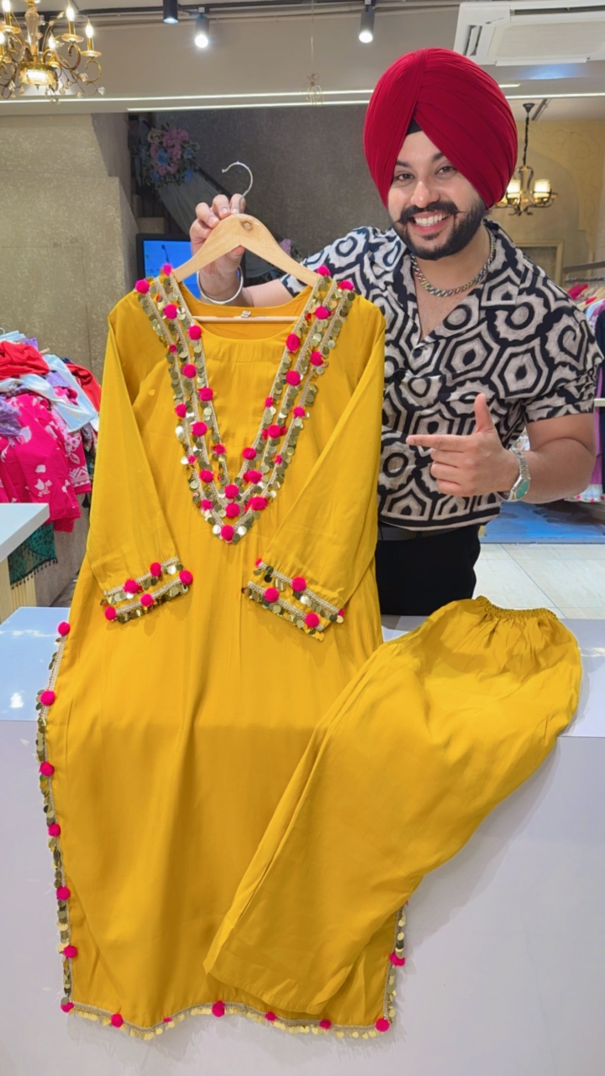 Yellow Soft Silk Heavy Sippi & Pom Pom Long Length Party Wear Coord set