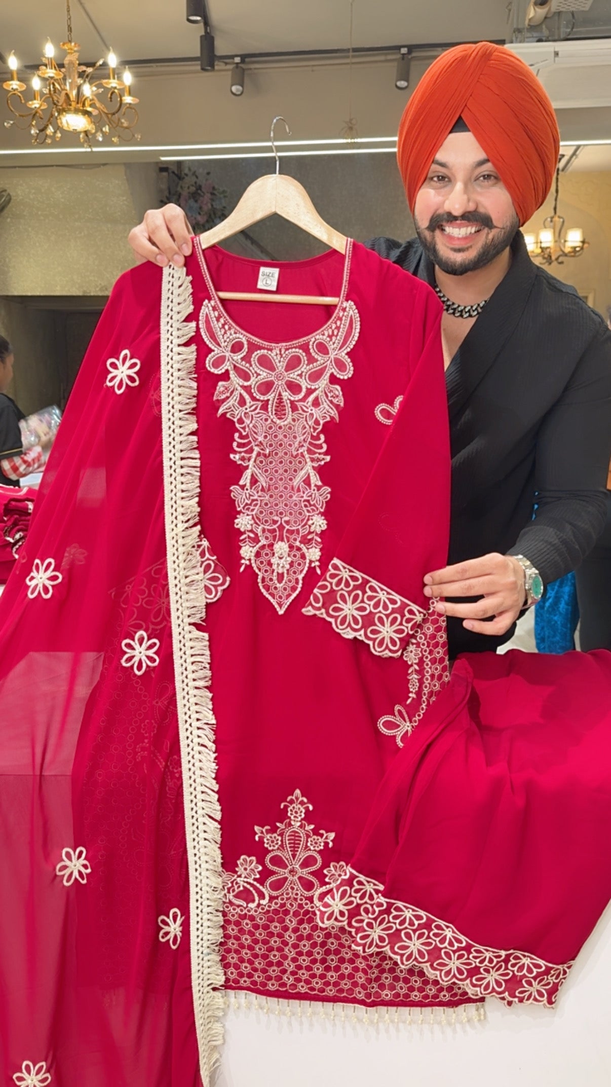 Rani Pink Georgette Embroidered Kashmiri Suit with Pearl Work On Neck & Kiran Lace Duppata