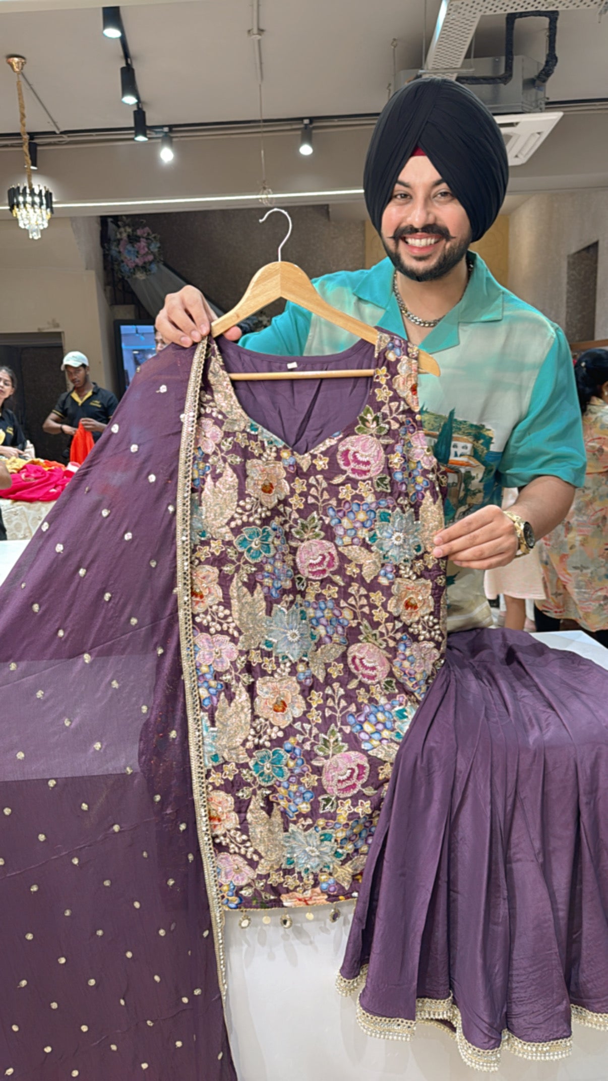 Dark Purple Crepe Heavy Hand embroidered Full Flair Cut Sleeves Sharara Set with Sequins Work Chinon Duppata