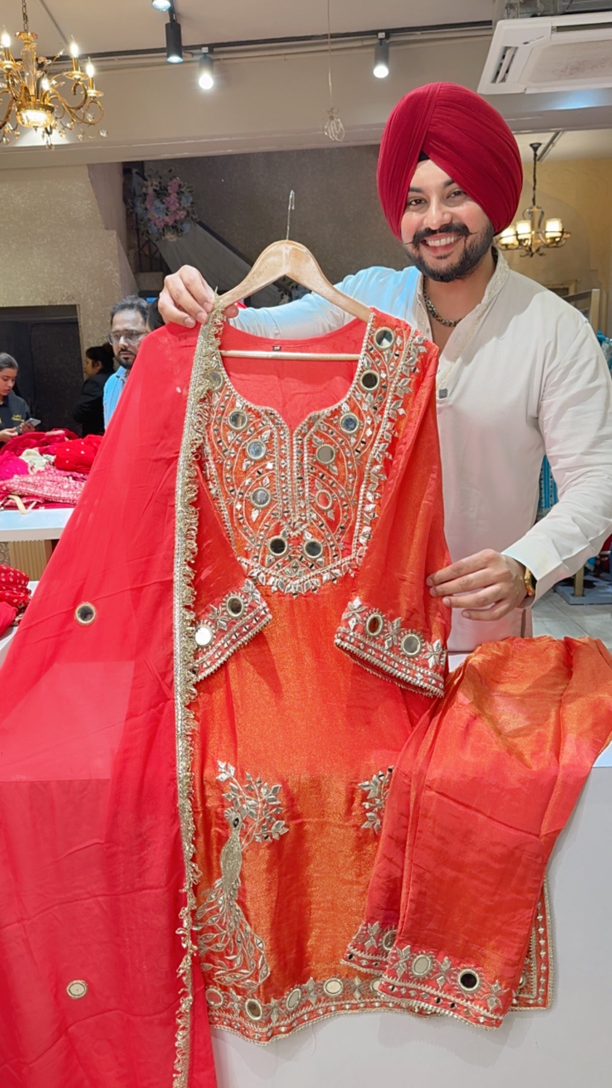 Gajri Shimmer Organza Heavy Gota Peacock & Mirror Embroidered Kashmiri Suit with Beautiful Pink Georgette Dupppata